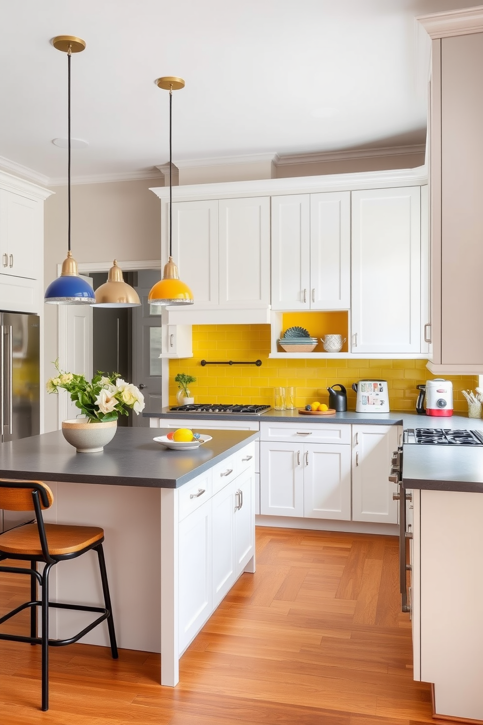 Bright accents against a neutral color palette create a vibrant yet harmonious atmosphere in the townhouse kitchen. The cabinetry is a soft white, complemented by a bright yellow backsplash that adds a cheerful touch to the space. The countertops are a sleek gray stone, providing a modern contrast to the warm tones of the wood flooring. Pendant lights with colorful shades hang above a central island, making it a focal point for both cooking and entertaining.