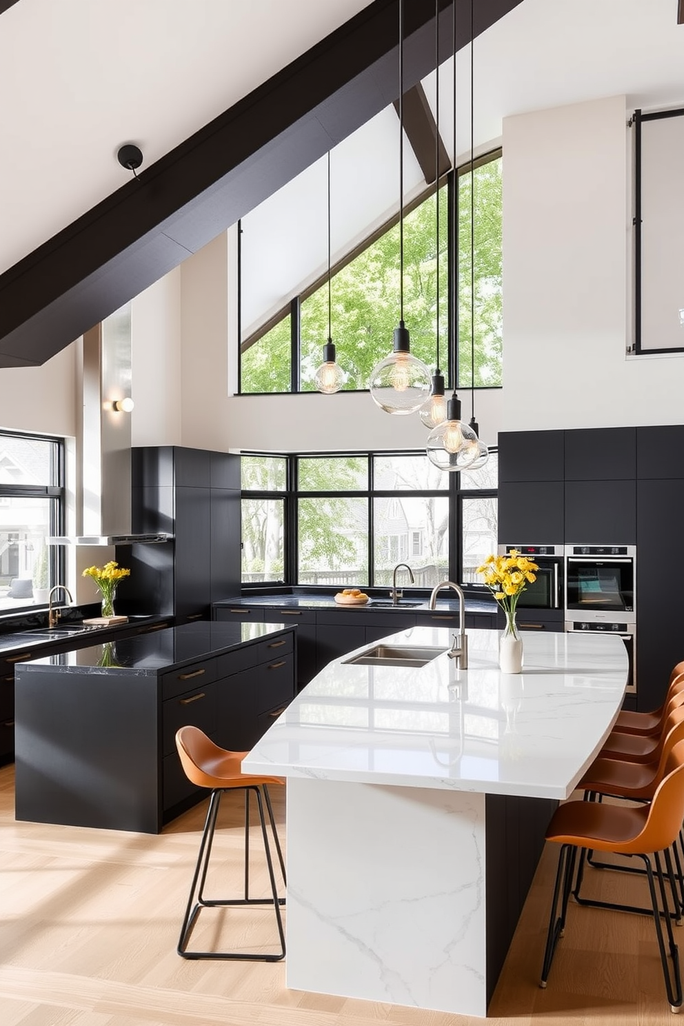 A modern townhouse kitchen featuring unique light fixtures as focal points. The space includes an oversized island with a sleek quartz countertop and stylish bar stools, complemented by pendant lights that hang gracefully above. The cabinetry is a mix of matte black and warm wood tones, creating a striking contrast. Large windows allow natural light to flood the room, highlighting the open layout and contemporary appliances.