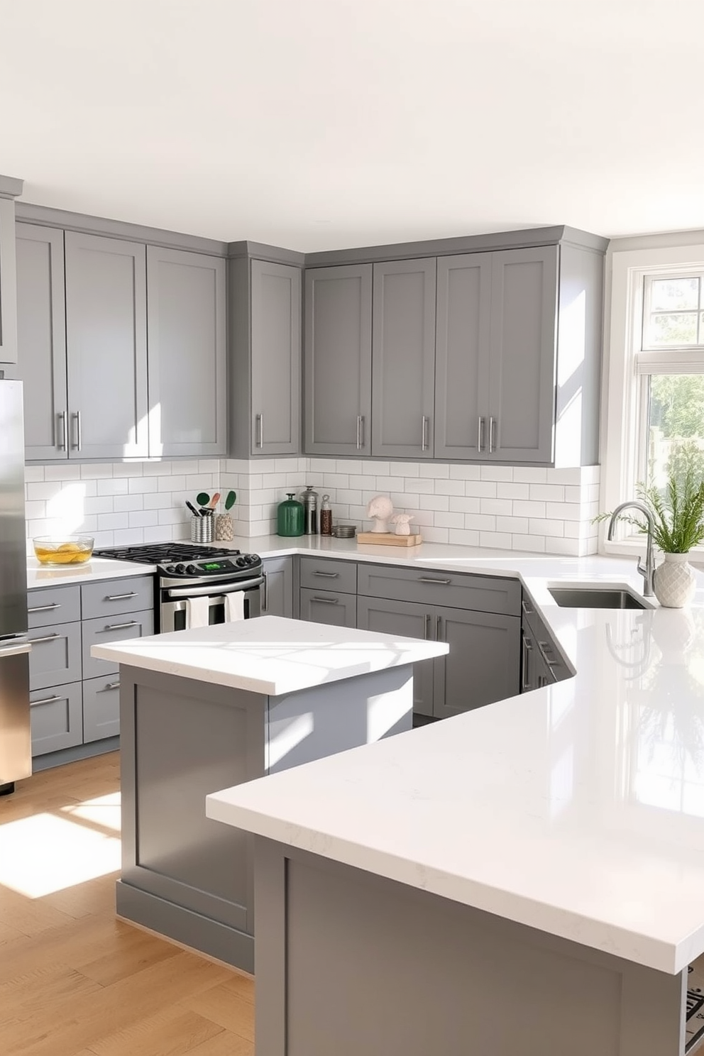 An L-shaped kitchen designed for optimal workflow features sleek cabinetry in a soft gray finish complemented by a white quartz countertop. The kitchen island serves as both a prep area and a casual dining spot, with elegant bar stools arranged on one side. Natural light floods the space through large windows, illuminating the stainless steel appliances and the stylish backsplash of white subway tiles. A cozy breakfast nook with a round table and comfortable seating is situated in the corner, creating an inviting atmosphere for family gatherings.