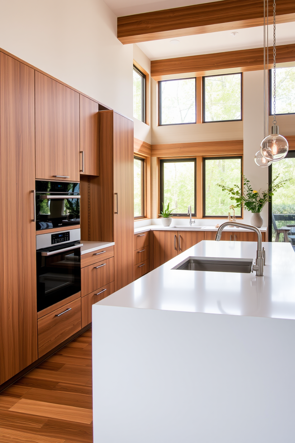 A modern townhouse kitchen featuring integrated appliances for a seamless design. The cabinetry blends effortlessly with the appliances, creating a cohesive and uncluttered look. A spacious island with bar seating serves as the focal point, adorned with a sleek countertop. Natural light floods the space through large windows, highlighting the warm wood tones and contemporary finishes.