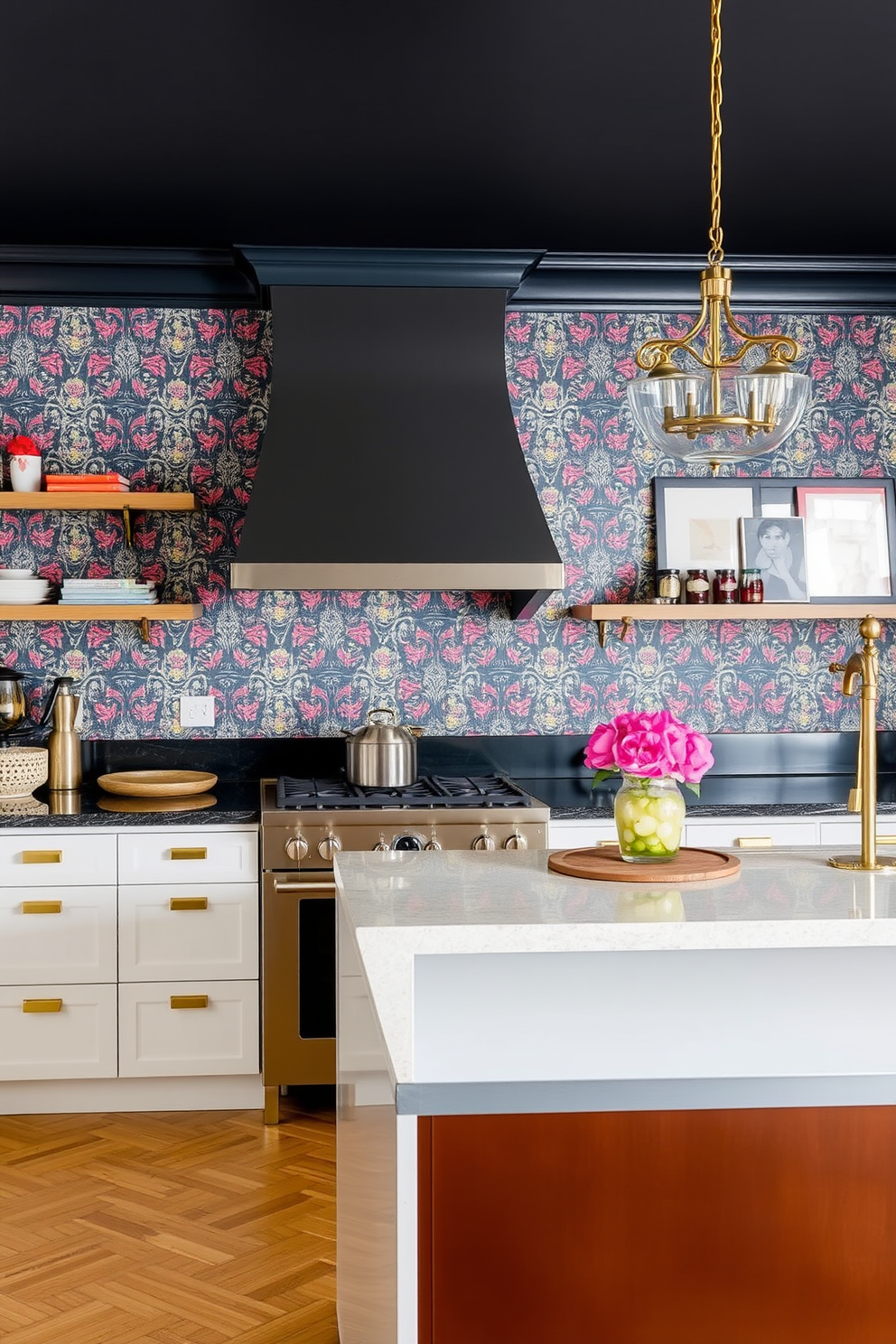 A statement wall adorned with vibrant patterned wallpaper serves as the focal point of the townhouse kitchen. The design features a blend of modern and vintage elements, creating a warm and inviting atmosphere. The kitchen showcases sleek cabinetry with a glossy finish, complemented by brass hardware for a touch of elegance. A large island with bar seating invites both functionality and social interaction, making it the perfect space for gatherings.