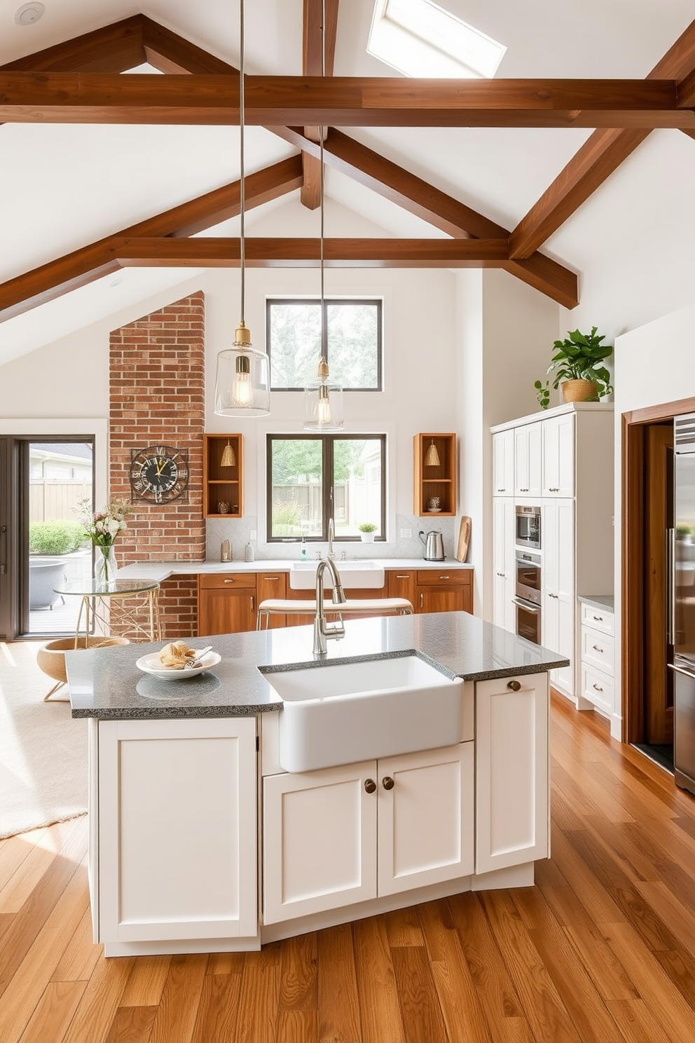 A spacious townhouse kitchen designed for entertaining guests features an open layout that seamlessly connects the cooking and dining areas. The kitchen island serves as a central hub with bar seating, while elegant pendant lights hang above to create a warm ambiance. The cabinetry is a mix of sleek white and rich wood finishes, providing both style and functionality. A large farmhouse sink is positioned beneath a window, allowing natural light to flood the space while offering views of the outdoor area.