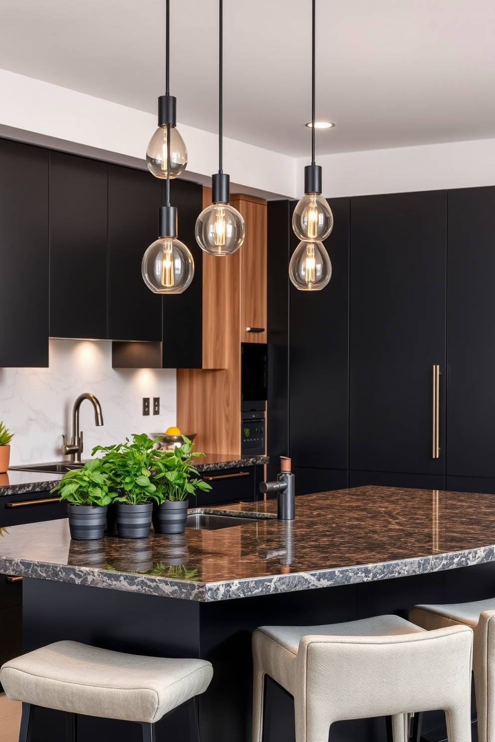 A modern townhouse kitchen featuring textured surfaces that add depth and interest. The cabinetry is a mix of matte black and natural wood, complemented by a sleek marble backsplash that creates a striking focal point. The island is topped with a rich granite surface and includes bar seating with plush upholstered stools. Ambient lighting fixtures hang above, casting a warm glow over the space, while potted herbs add a touch of greenery on the countertop.