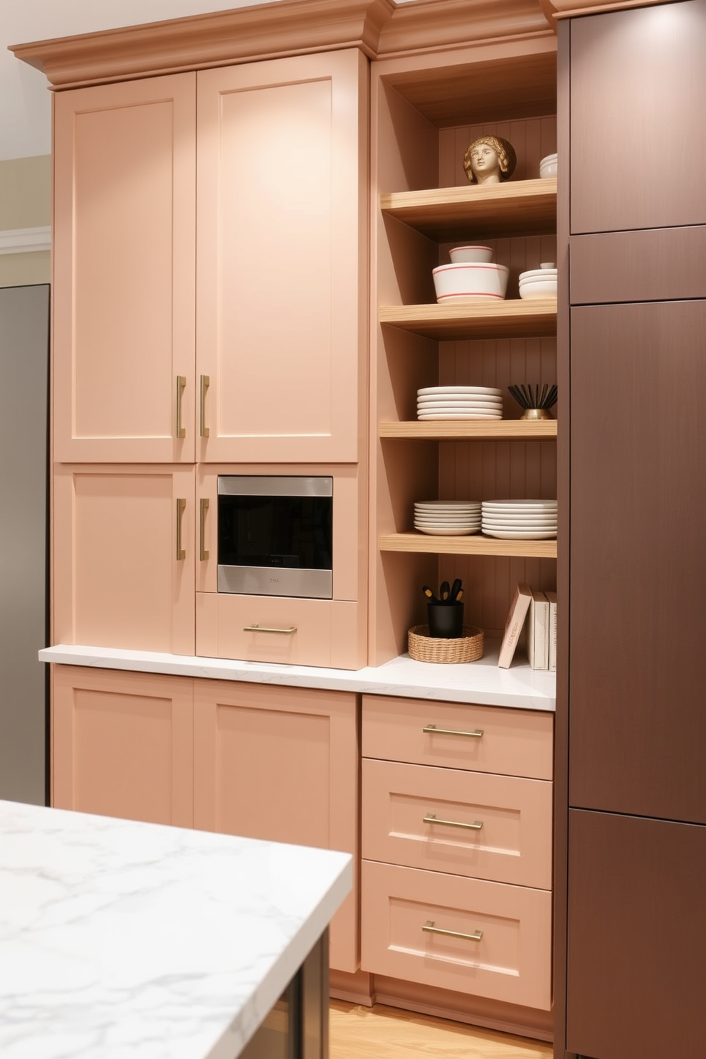 Custom cabinetry designed to maximize storage and enhance functionality in a townhouse kitchen. The cabinetry features a blend of sleek modern lines and classic finishes, incorporating open shelving for display and hidden compartments for a clean aesthetic.