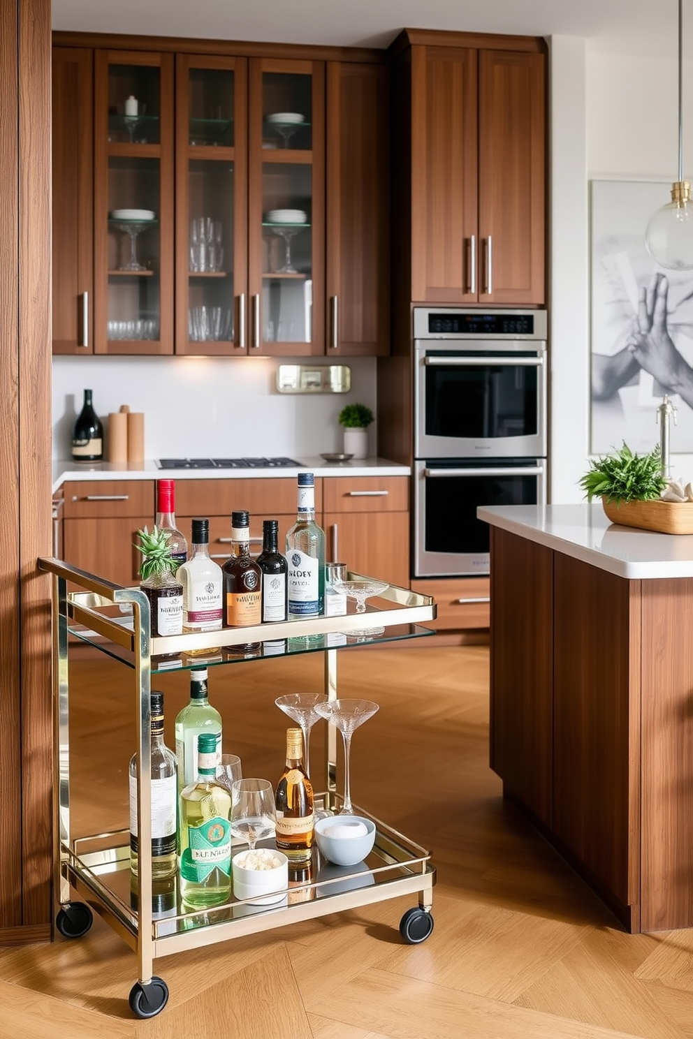 A stylish bar cart with a sleek metallic frame and glass shelves is positioned in the corner of the kitchen. It is adorned with an assortment of premium spirits, elegant glassware, and a decorative plant for a touch of greenery. The townhouse kitchen features an open layout with modern cabinetry and a large island for meal preparation. Warm wood tones contrast with stainless steel appliances, creating a welcoming space perfect for entertaining.