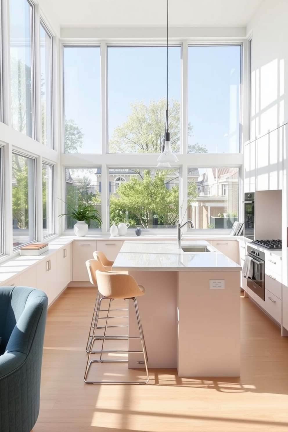 Bright and airy townhouse kitchen with large windows allowing natural light to flood the space. The design features a spacious island with a white quartz countertop and stylish bar stools, complemented by sleek cabinetry in a soft pastel color.