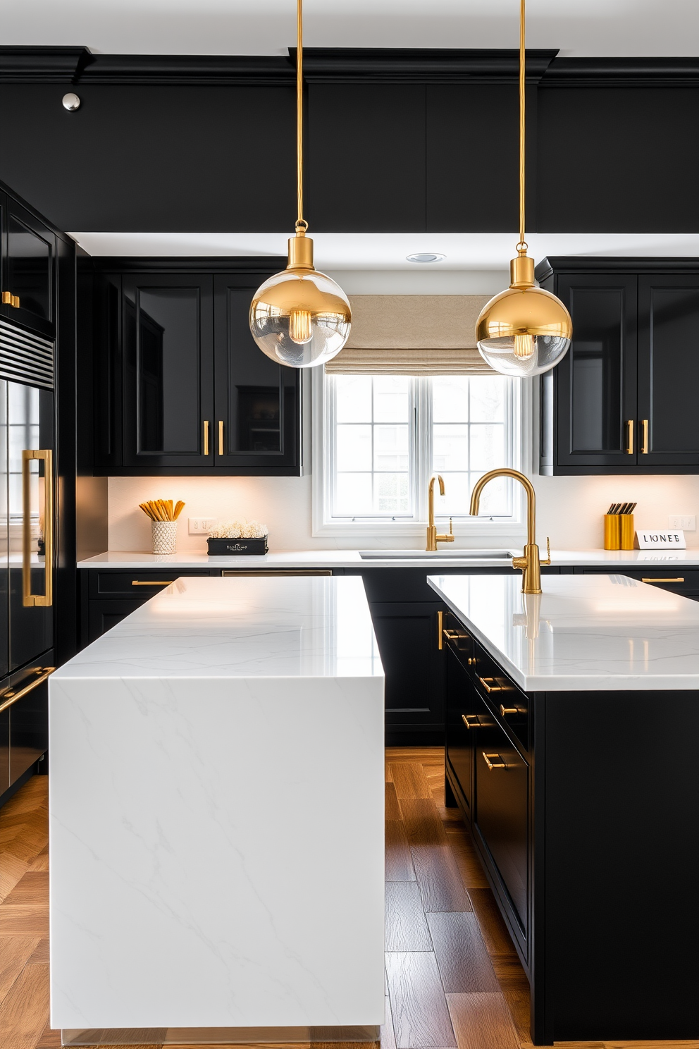 Sleek black cabinetry with gold accents creates a modern and elegant atmosphere in the townhouse kitchen. The cabinetry features clean lines and a glossy finish, perfectly complementing the warm tones of the gold hardware. A large central island with a white marble countertop serves as a functional workspace and a gathering spot for family and friends. Pendant lights with a gold finish hang above the island, adding a touch of sophistication to the overall design.