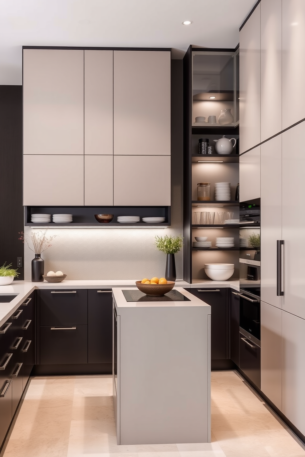 A modern townhouse kitchen featuring a large island with a sleek countertop. Above the island, bright pendant lights hang, illuminating the space with a warm glow.