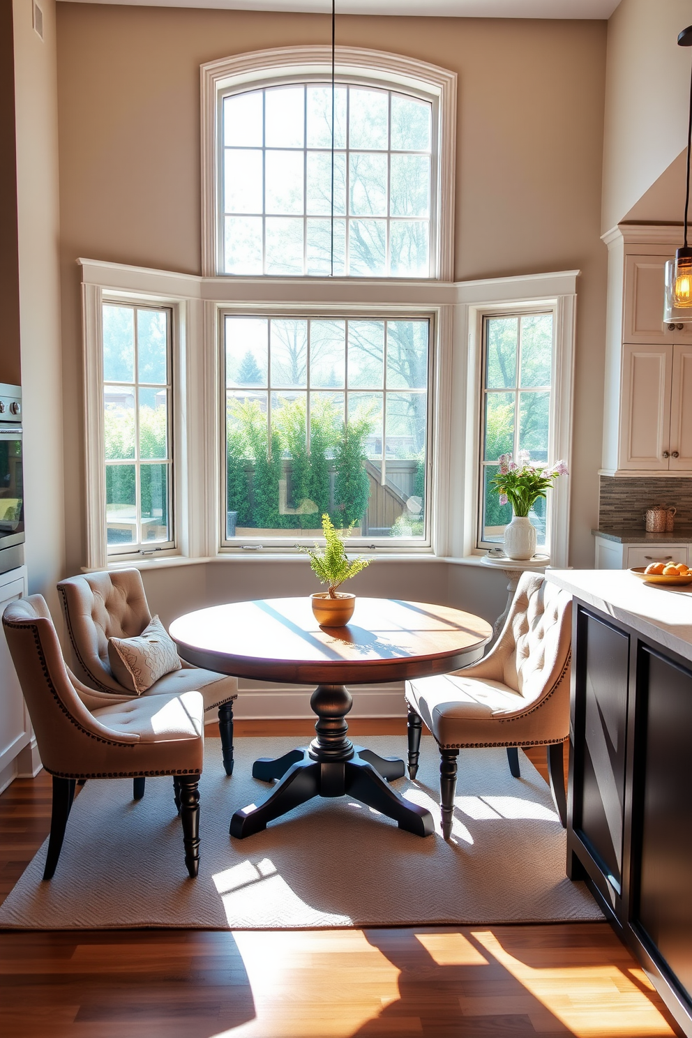 Cozy breakfast nook with a bay window featuring a round wooden table surrounded by plush upholstered chairs. Sunlight streams in through the large windows, highlighting a small potted plant in the center of the table. Townhouse kitchen design ideas showcasing a spacious layout with sleek cabinetry and a large island. The kitchen includes modern appliances, a stylish backsplash, and warm pendant lighting that creates an inviting atmosphere.