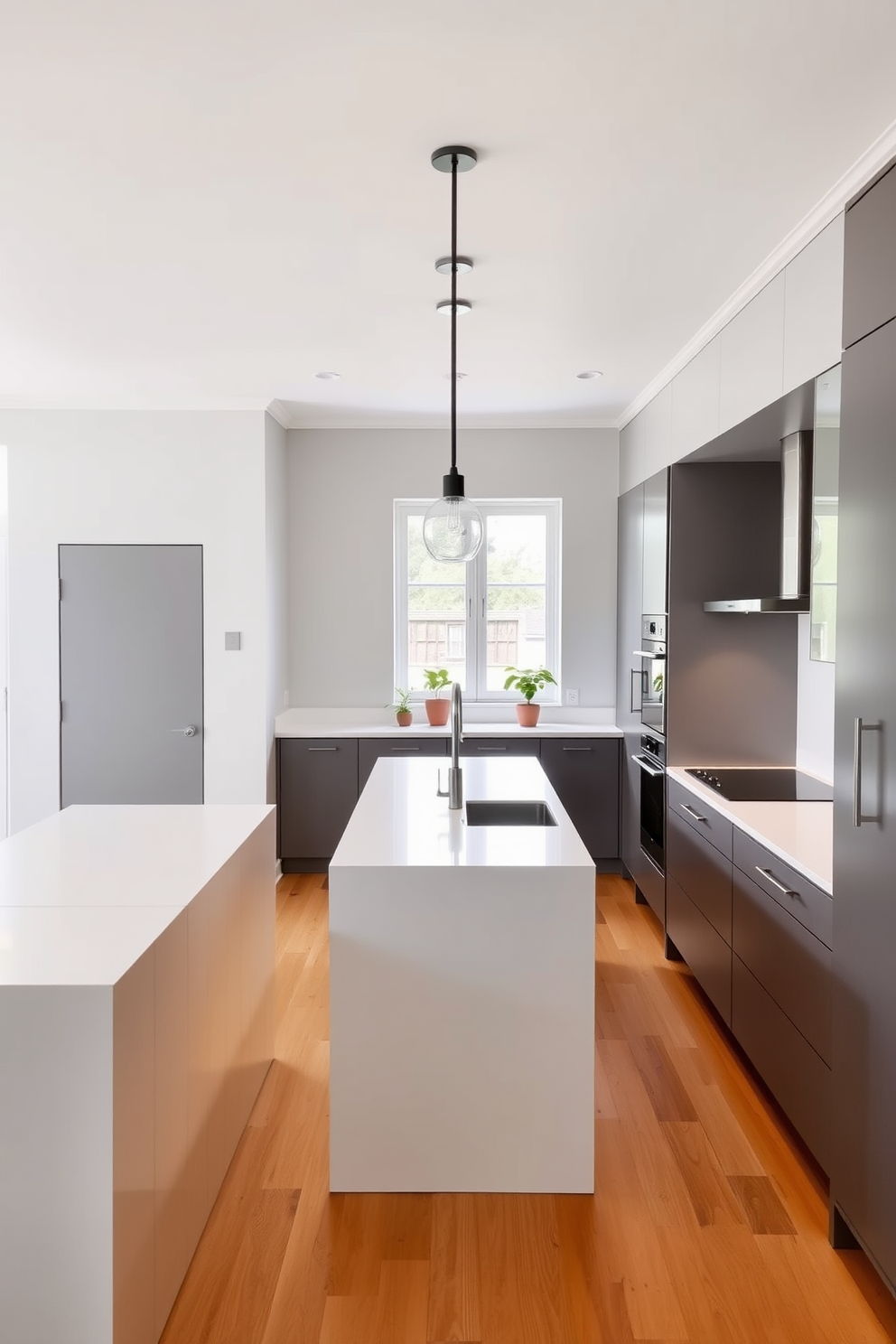 A minimalist townhouse kitchen featuring sleek cabinetry with a matte finish and a large island in the center. The countertops are made of white quartz, and the space is illuminated by pendant lights hanging above the island. The walls are painted in a soft gray hue, complementing the warm wood flooring. A few potted herbs are placed on the windowsill, adding a touch of greenery to the clean and airy atmosphere.