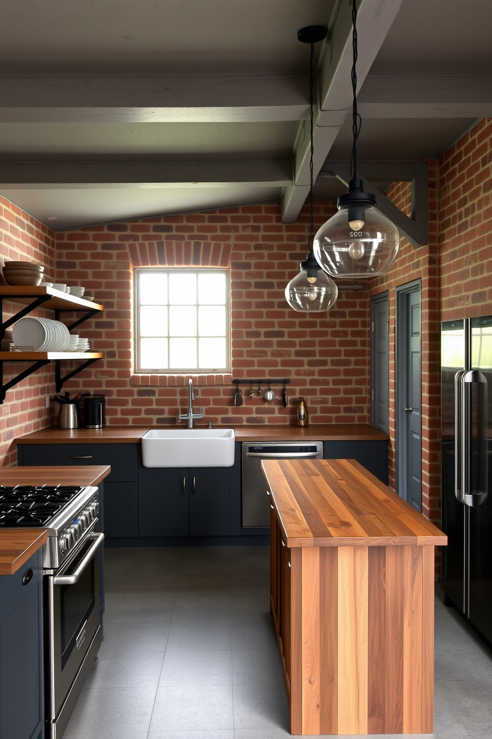 A modern industrial kitchen featuring exposed brick walls that add character and warmth to the space. The kitchen island is made of reclaimed wood, complemented by sleek stainless steel appliances and pendant lighting hanging from the ceiling. Open shelving displays rustic dishware while a large farmhouse sink sits beneath a window, allowing natural light to flood the room. The color palette consists of muted grays and warm browns, creating an inviting atmosphere for cooking and entertaining.