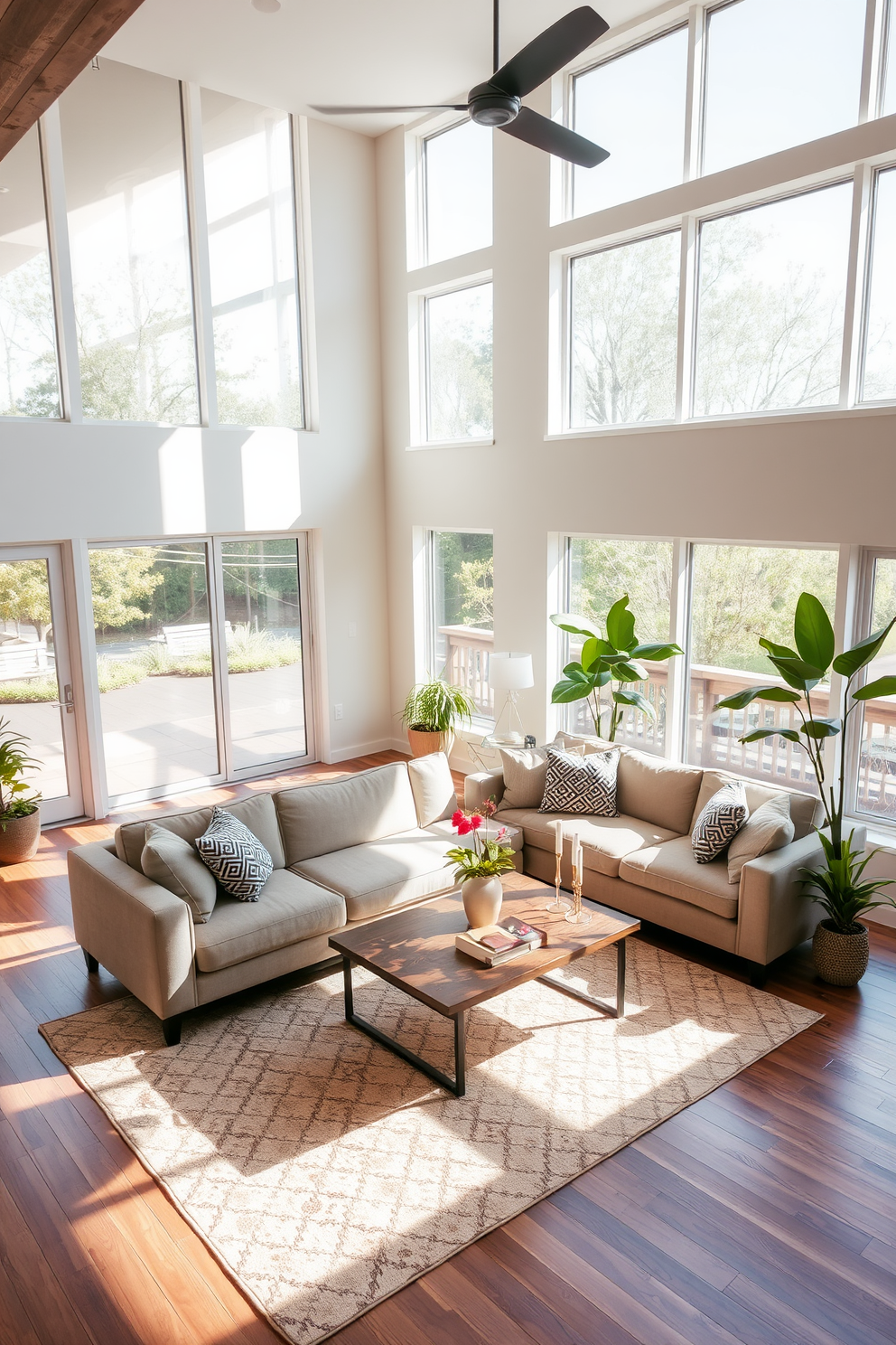 Cozy sectional sofa adorned with colorful cushions creates an inviting atmosphere. The living room features large windows that allow natural light to fill the space, complemented by soft area rugs and warm wooden accents.