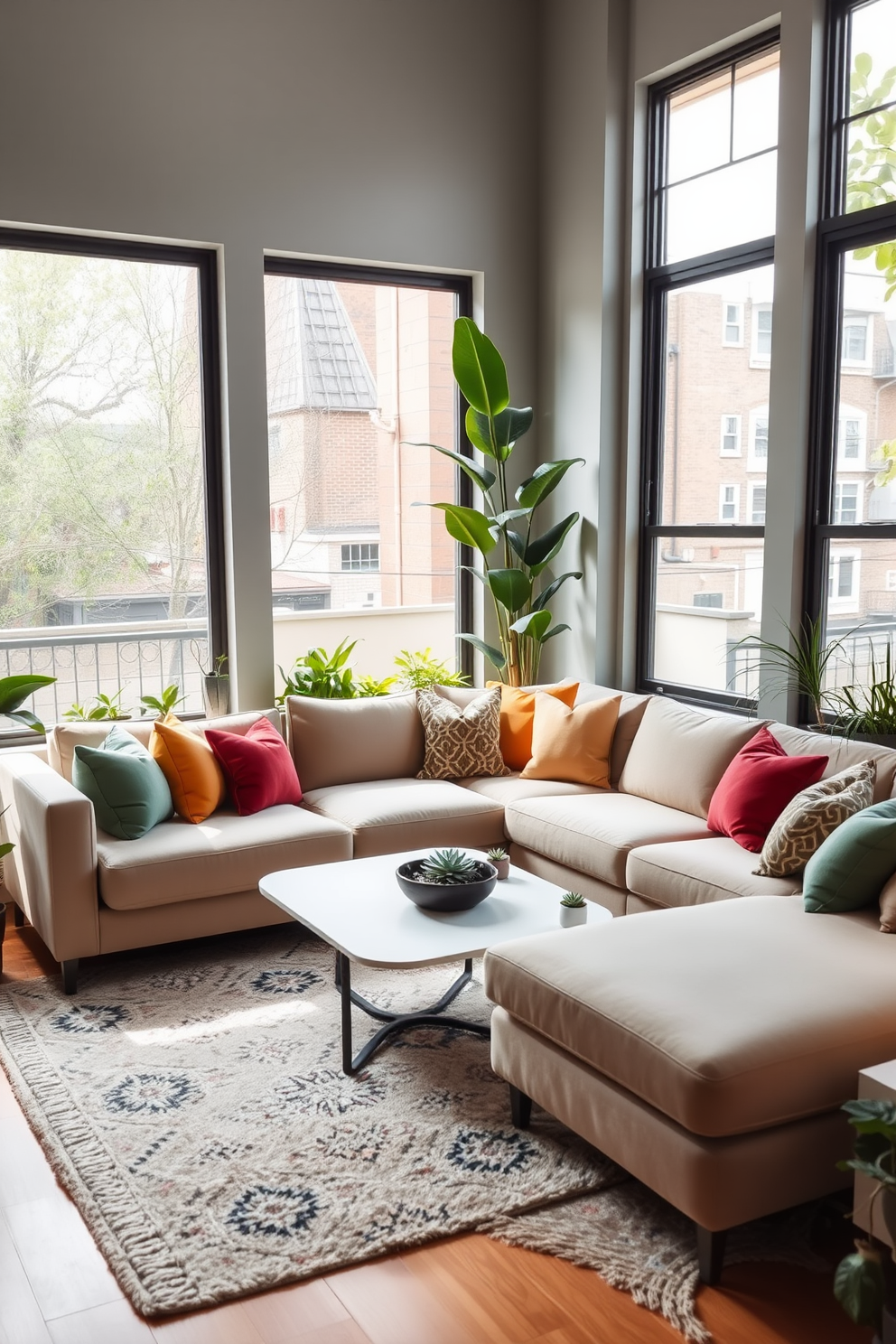 A spacious townhouse living room filled with natural light streaming through large windows. The room features a cozy sectional sofa in soft gray, complemented by colorful throw pillows and a stylish coffee table in the center. The walls are adorned with tasteful artwork, while a plush area rug anchors the seating area. A sleek bookshelf lines one wall, filled with books and decorative objects, creating an inviting atmosphere.