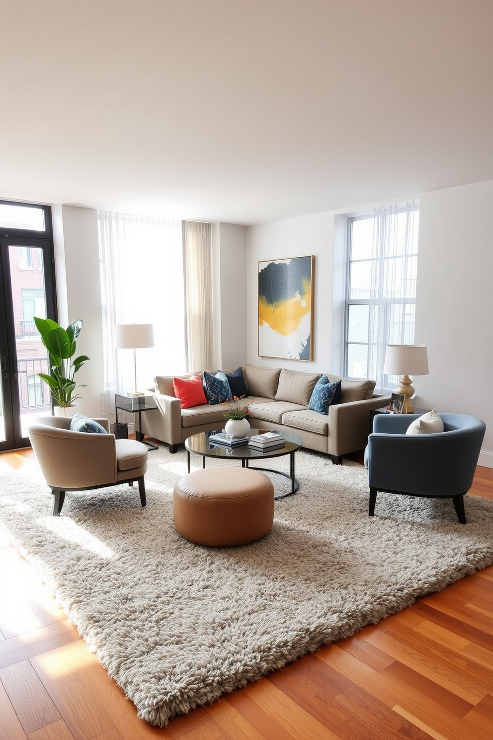 A functional workspace is created in a corner of the townhouse living room. It features a sleek wooden desk paired with a comfortable ergonomic chair, illuminated by a stylish desk lamp. The walls are adorned with inspiring artwork and shelves filled with books and decorative items. A large window allows natural light to flood the space, enhancing the cozy and productive atmosphere.