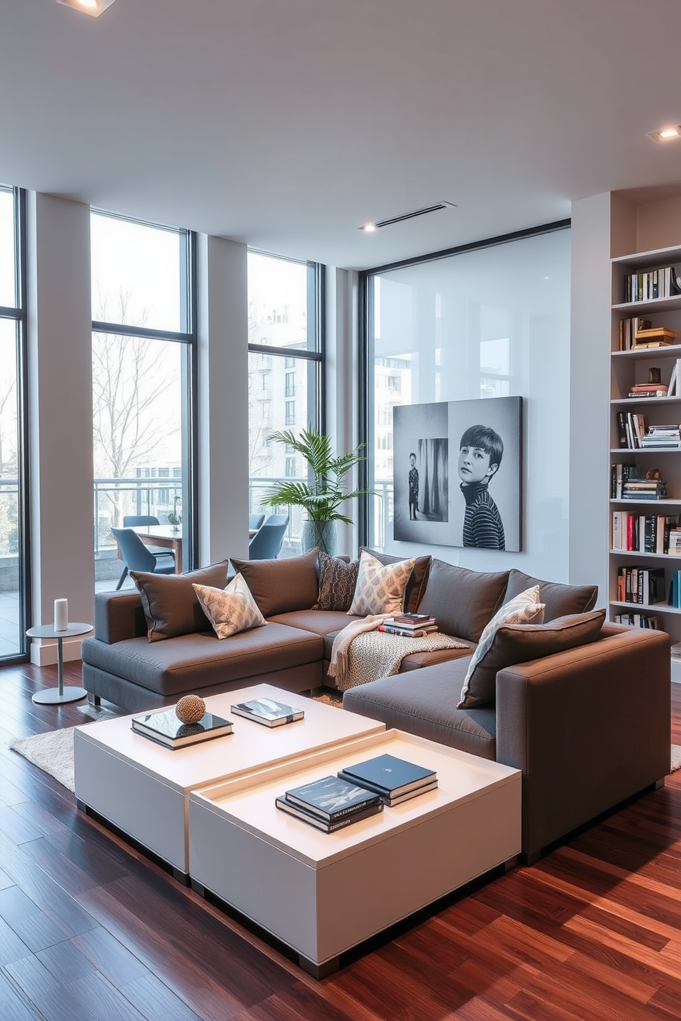 A cozy townhouse living room with warm lighting provided by stylish floor lamps. The space features a plush sectional sofa adorned with soft throw pillows and a large area rug that adds texture to the hardwood floor.