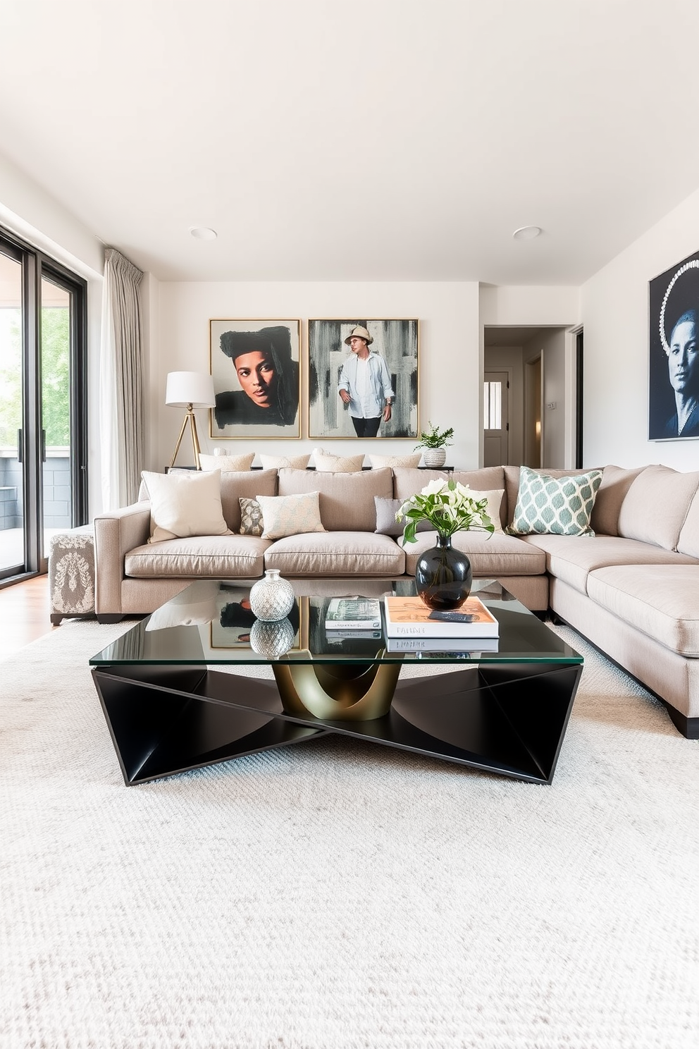 A cozy townhouse living room features a plush sofa adorned with textured throw blankets in varying shades of cream and beige. A rustic coffee table sits at the center, surrounded by soft area rugs that add warmth and comfort to the space. Large windows allow natural light to fill the room, highlighting the elegant decor and inviting atmosphere. Potted plants are strategically placed around the room, bringing a touch of nature indoors and enhancing the overall aesthetic.