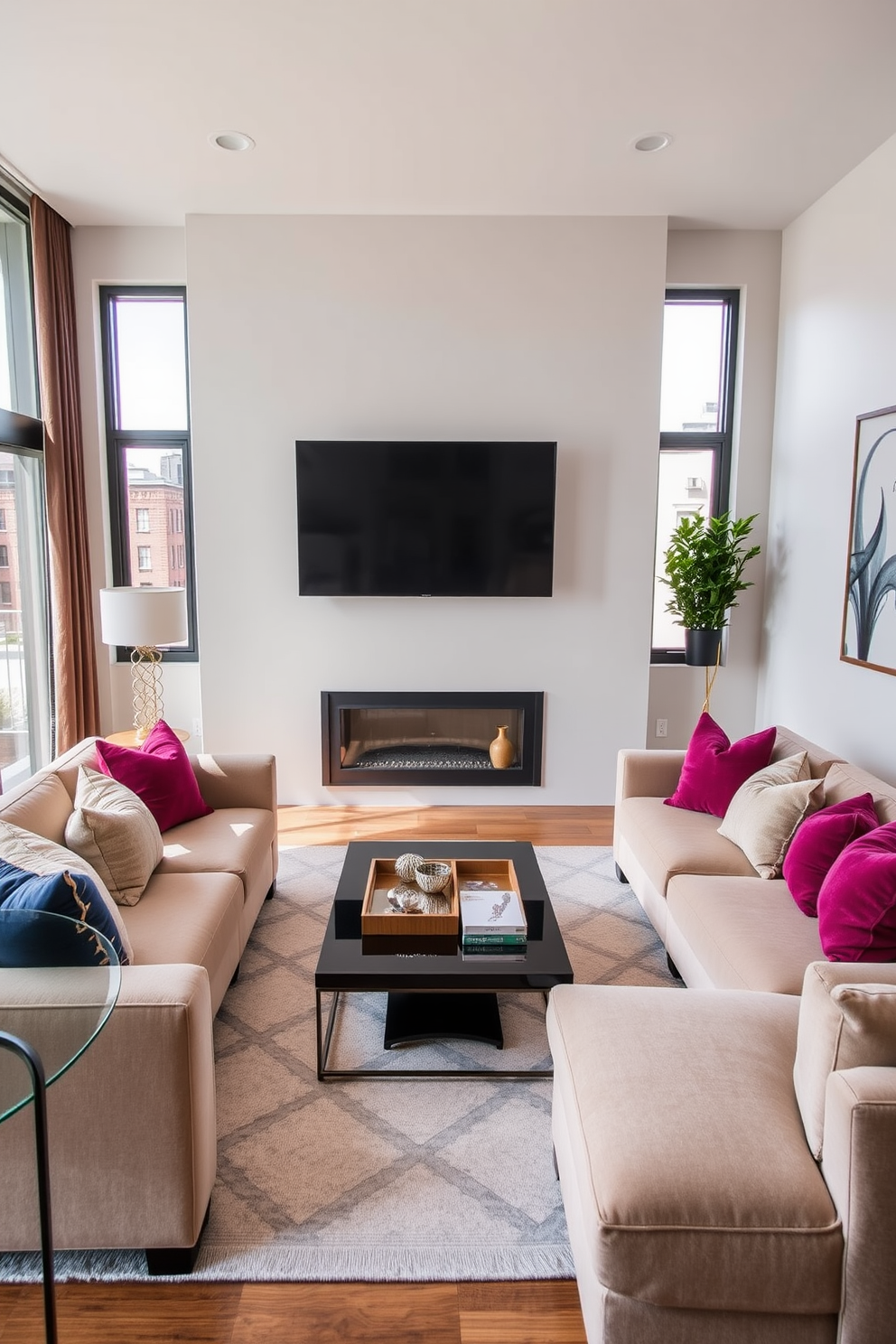 A stylish townhouse living room features a wall-mounted TV that creates a clean and modern aesthetic. The seating arrangement includes a plush sectional sofa in a neutral tone, complemented by colorful accent pillows for added warmth. Large windows allow natural light to flood the space, highlighting the elegant decor and artwork. A sleek coffee table sits in the center, adorned with a decorative tray and a few carefully chosen books.