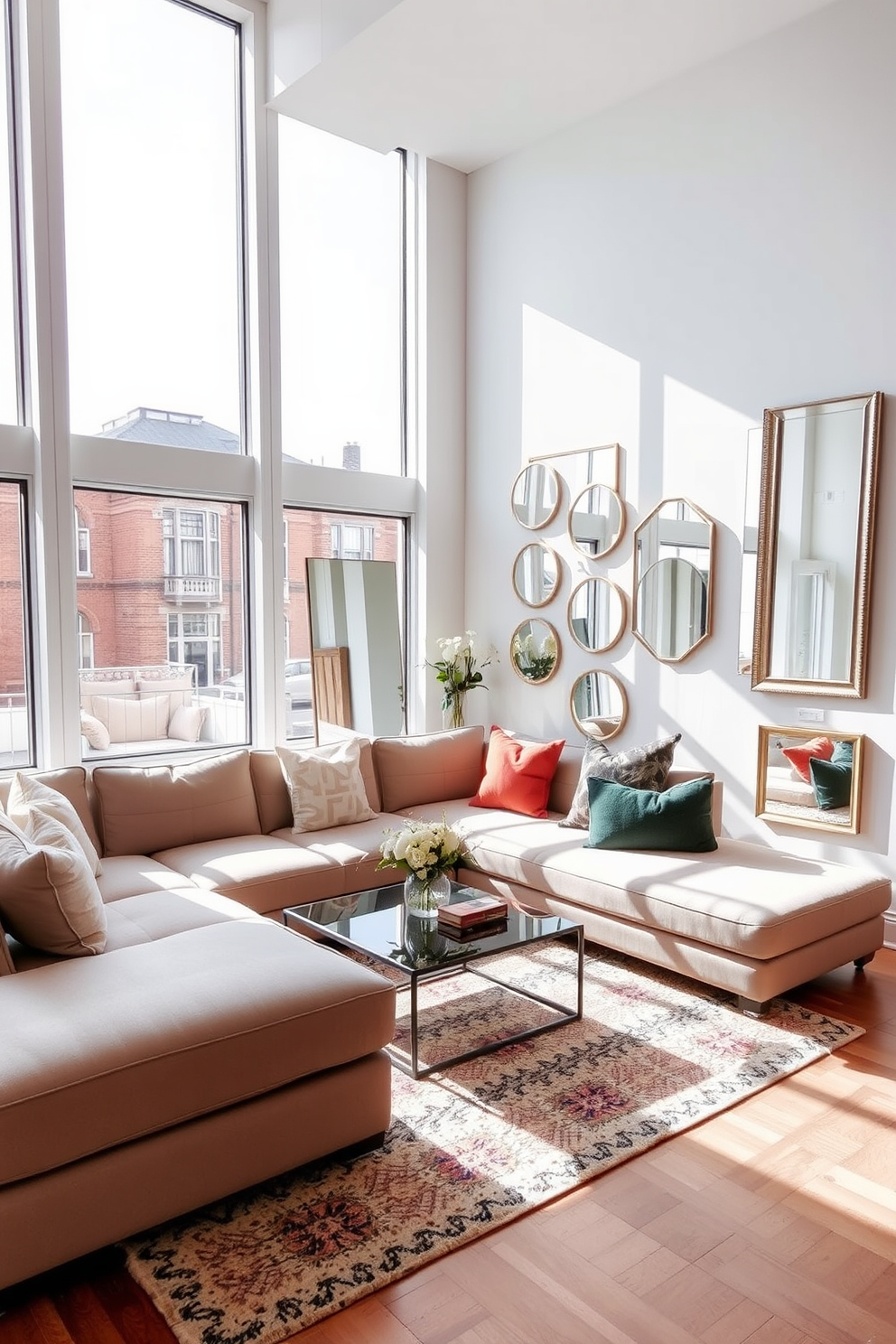 A stylish townhouse living room with large windows allowing natural light to flood the space. The room features a plush sectional sofa in a neutral tone positioned around a modern coffee table. On the opposite wall, a series of mirrors in varying sizes are arranged to enhance light reflection and create a sense of openness. A cozy area rug anchors the seating area, while decorative pillows add pops of color to the sofa.