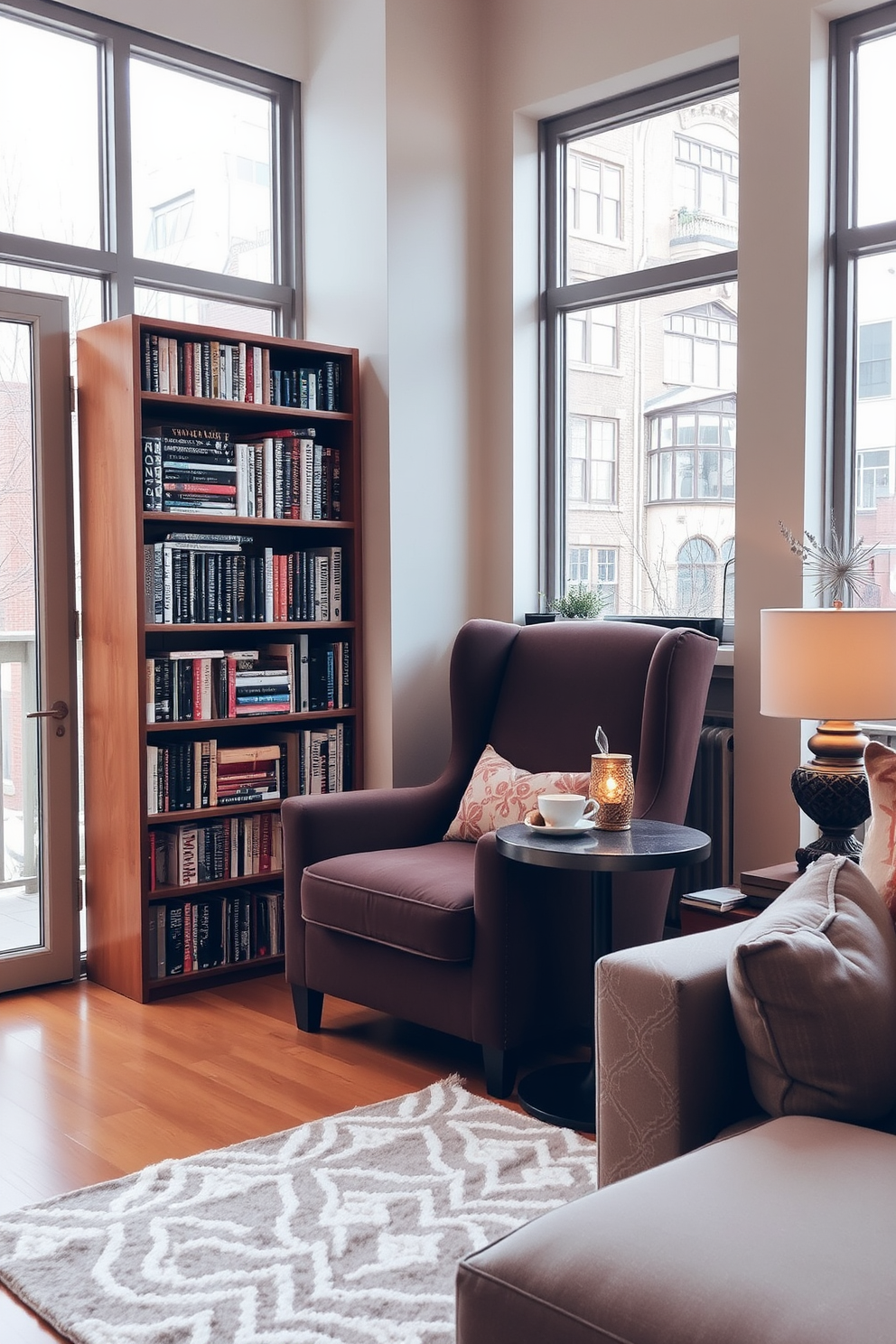 A cozy reading nook corner featuring a plush armchair upholstered in soft fabric, positioned next to a tall bookshelf filled with an array of books. A small side table holds a steaming cup of tea and a decorative lamp with a warm glow, creating an inviting atmosphere. The nook is adorned with a soft area rug in neutral tones, complementing the surrounding decor of the townhouse living room. Large windows allow natural light to flood the space, enhancing the warmth and comfort of the reading corner.