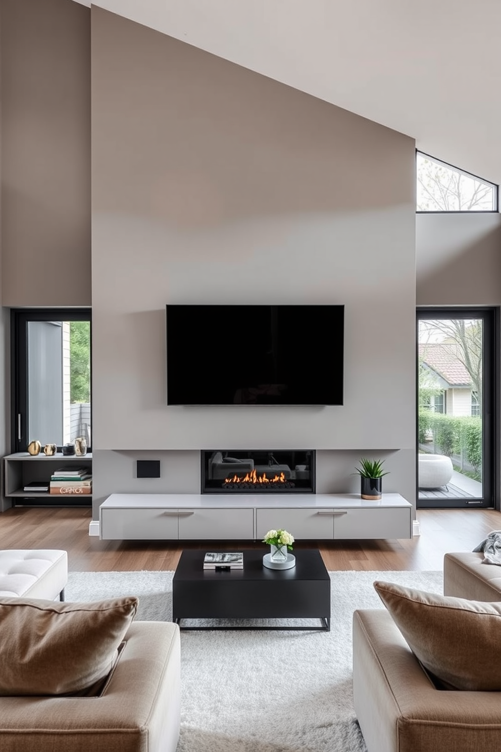 A sleek modern fireplace is the focal point of the townhouse living room, surrounded by a minimalist entertainment unit and plush seating. The walls are painted in a soft gray, and large windows allow natural light to fill the space, highlighting the elegant decor.