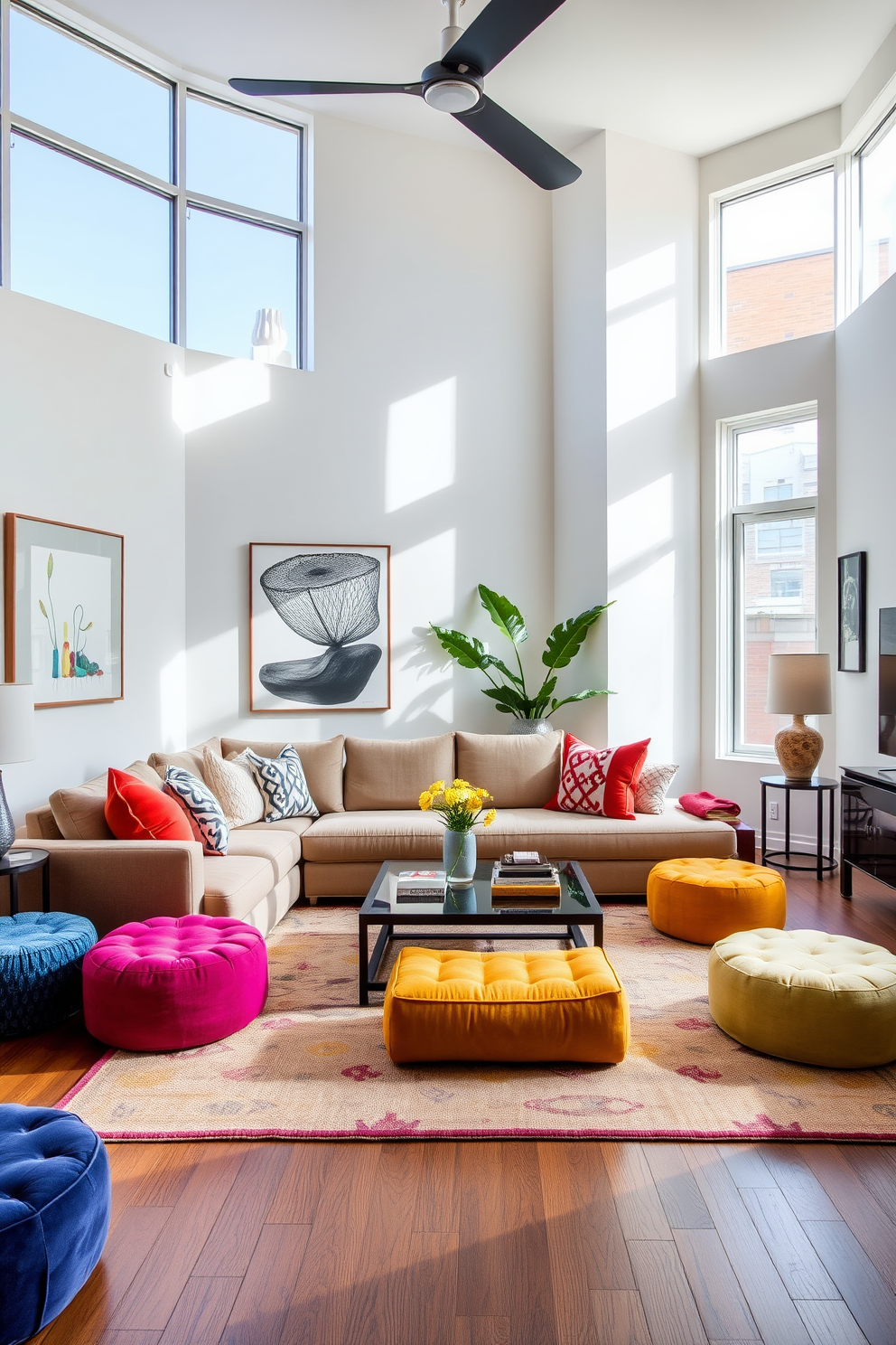 A stylish townhouse living room features a cozy seating arrangement with a plush sectional sofa in a neutral tone. Scattered around the room are colorful poufs that provide flexible seating options, enhancing the space's functionality and aesthetic appeal. The walls are adorned with contemporary art pieces that add character to the room. A large area rug anchors the seating area, while natural light streams in through expansive windows, creating a warm and inviting atmosphere.