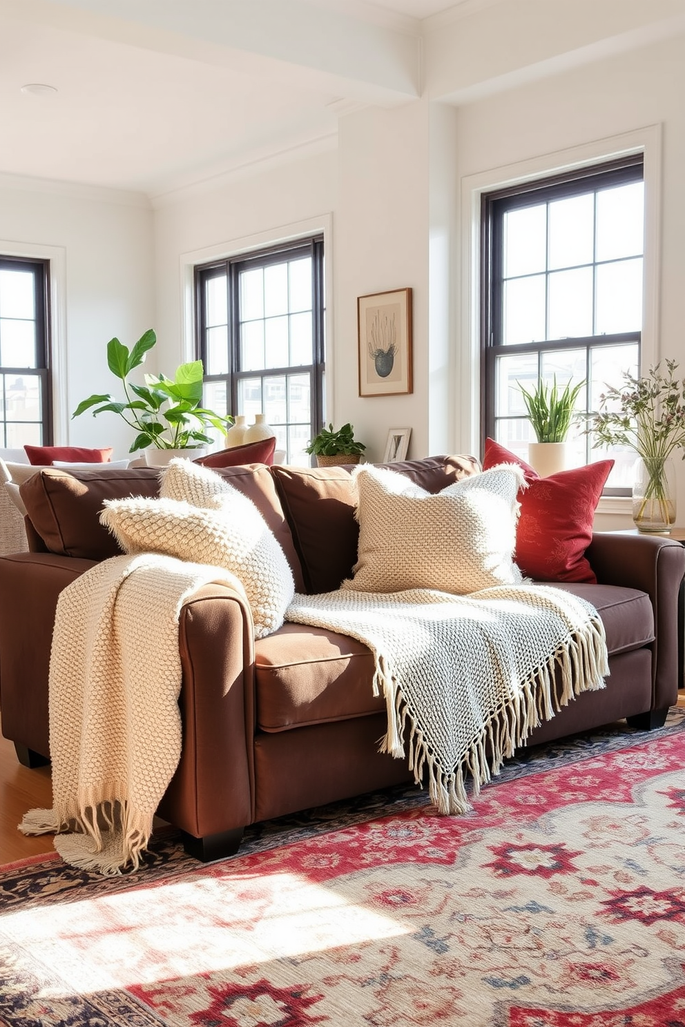 A cozy townhouse living room features open shelving that showcases a curated collection of books and decorative items. The shelves are made of reclaimed wood and are arranged asymmetrically against a soft gray wall, adding character and warmth to the space. A plush sectional sofa in a neutral tone is positioned across from a modern coffee table, creating an inviting seating area. A statement rug with a geometric pattern anchors the space, complementing the overall design aesthetic.