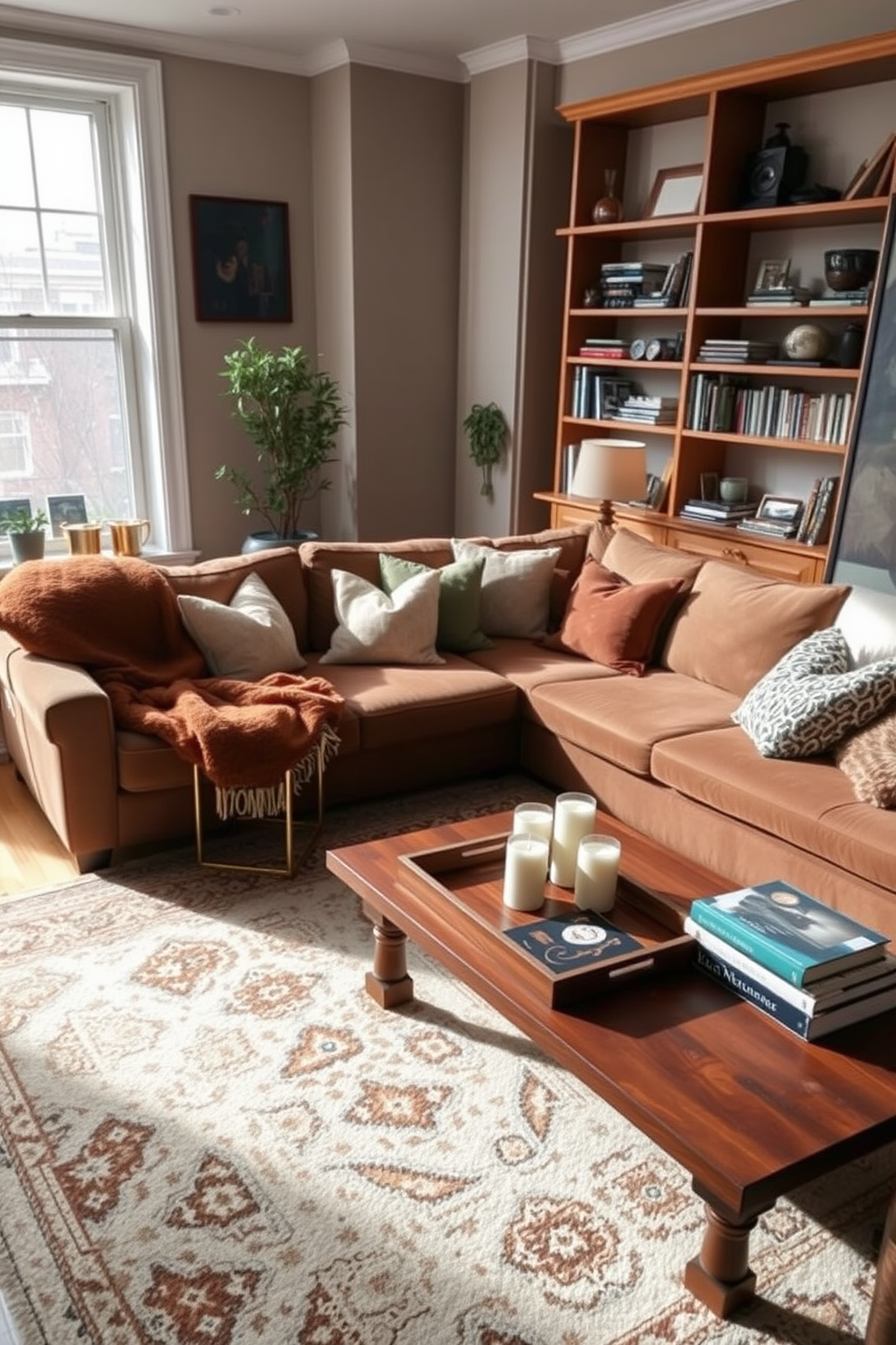 A cozy townhouse living room featuring a plush sectional sofa adorned with decorative throw blankets in various textures and colors. A large area rug anchors the space, while a wooden coffee table holds a stack of art books and a decorative tray with candles. Natural light pours in through large windows, highlighting the warm tones of the room. Shelves lined with books and personal mementos add a touch of personality to the inviting atmosphere.