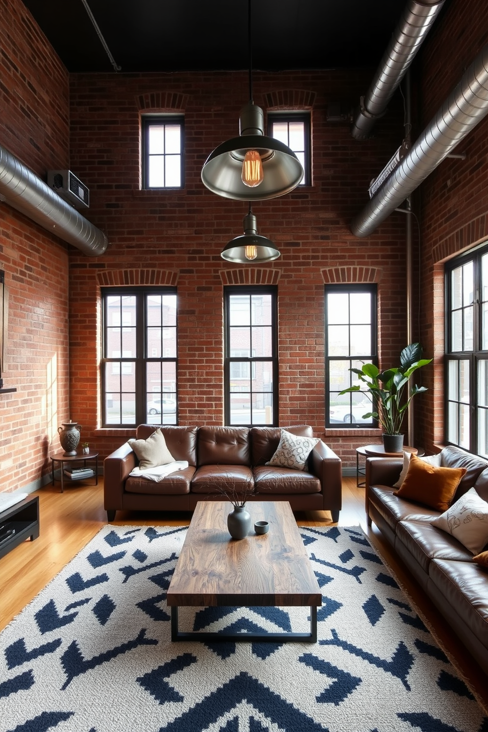 A contemporary townhouse living room features exposed brick walls that add texture and warmth to the space. The room is furnished with a sleek leather sofa and a reclaimed wood coffee table, creating a perfect blend of comfort and style. Large windows allow natural light to flood the room, highlighting the industrial light fixtures hanging from the ceiling. A bold area rug anchors the seating area, while metal accents in the decor enhance the modern edge of the design.