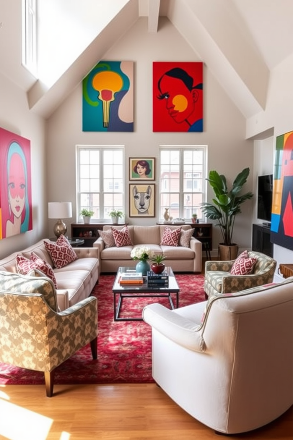 A vibrant townhouse living room filled with colorful artwork that adds a cheerful ambiance. The walls are adorned with large, eye-catching paintings in bold hues, complemented by a plush sectional sofa in a neutral tone. A stylish coffee table sits at the center, surrounded by eclectic accent chairs that feature unique patterns. Large windows allow natural light to flood the space, highlighting a cozy area rug that ties the room together.