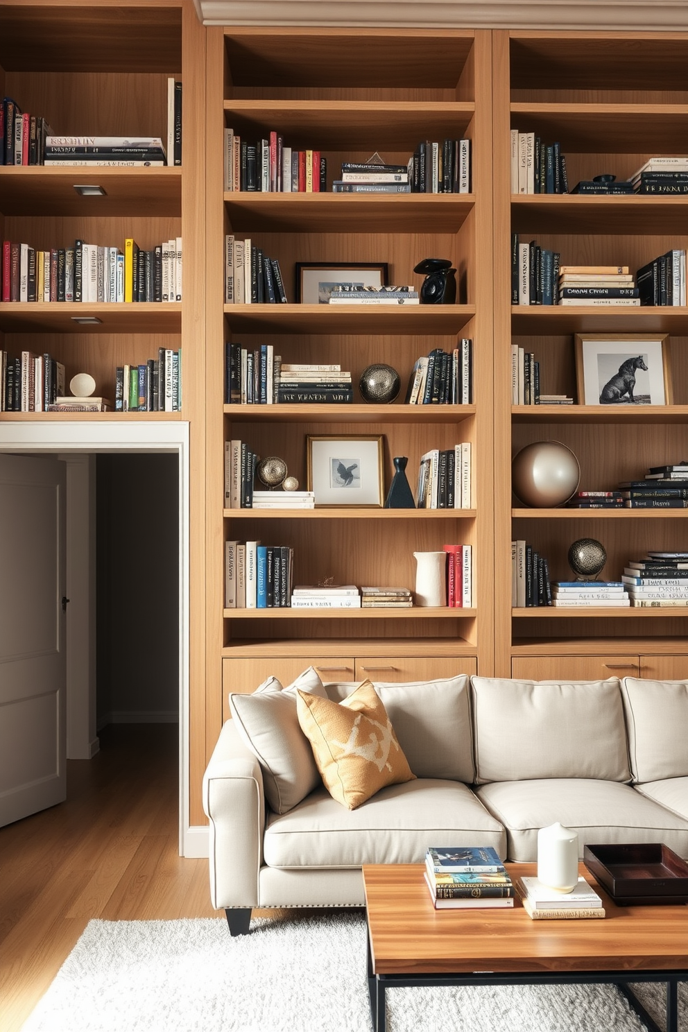 A stylish townhouse living room features open shelves elegantly displaying curated items such as books, art pieces, and decorative objects. The shelves are made of light wood, complementing the warm tones of the room, which is adorned with a plush sofa and a coffee table that invites relaxation and conversation.