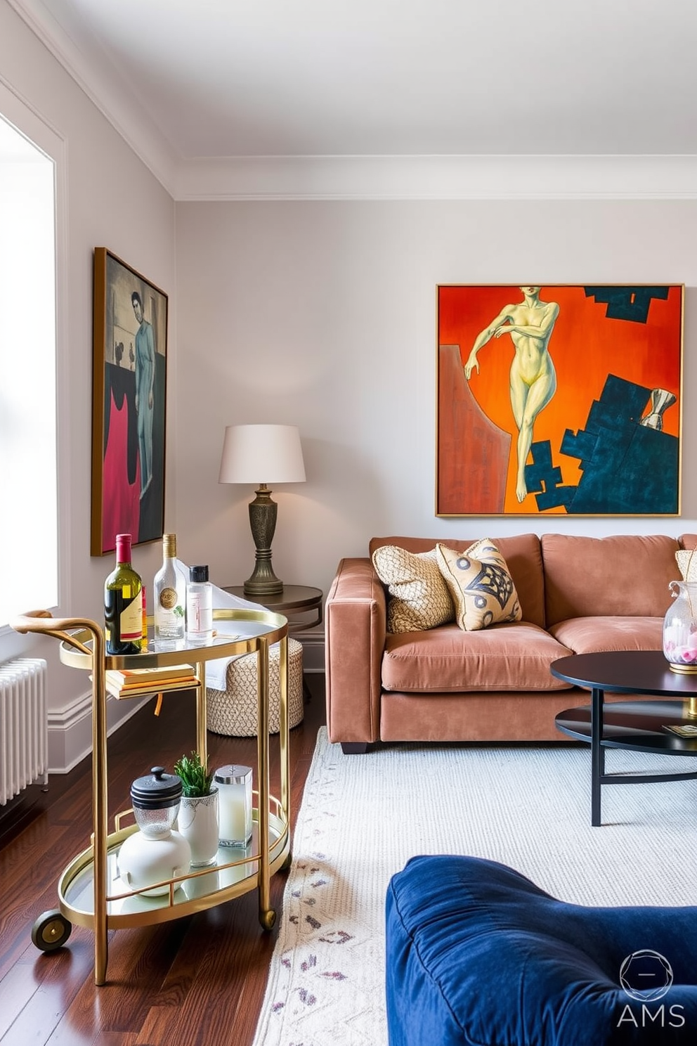 A vibrant accent chair in a bold hue stands out in the cozy townhouse living room. The chair is complemented by a plush area rug and a stylish coffee table, creating an inviting space for relaxation and conversation.