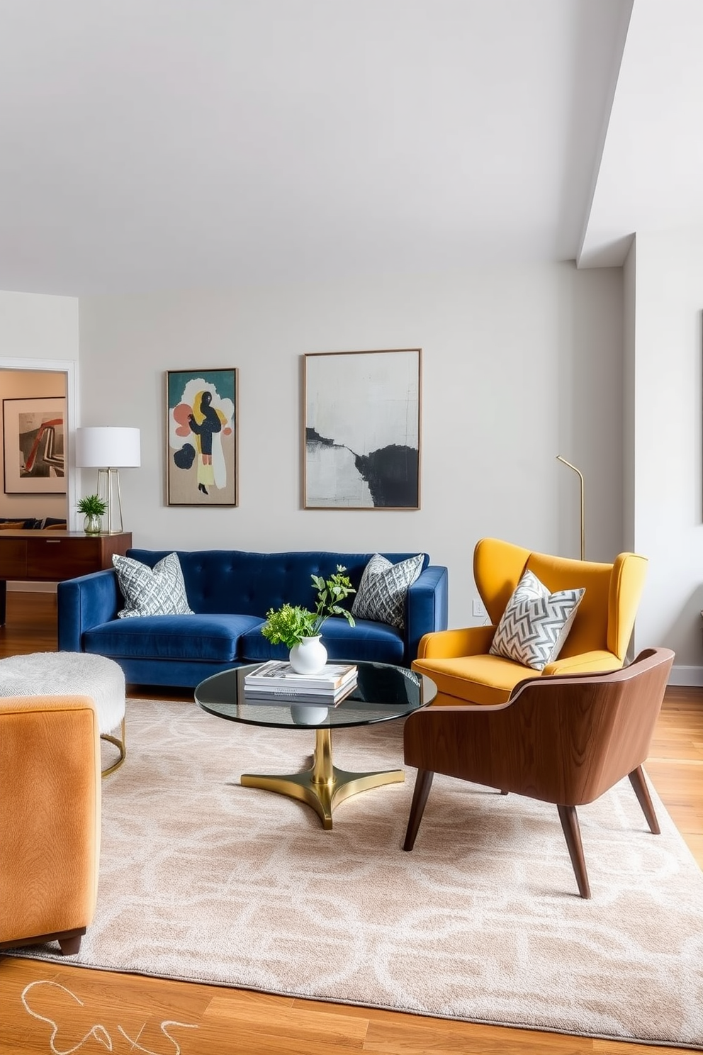 A stylish townhouse living room features a blend of contemporary and vintage seating styles. A plush velvet sofa in deep blue is paired with a mid-century modern armchair in a warm mustard tone, creating a cozy yet eclectic atmosphere. In the center, a round glass coffee table with a brass base anchors the space. The walls are adorned with abstract art, and a large area rug with geometric patterns adds warmth to the hardwood floor.