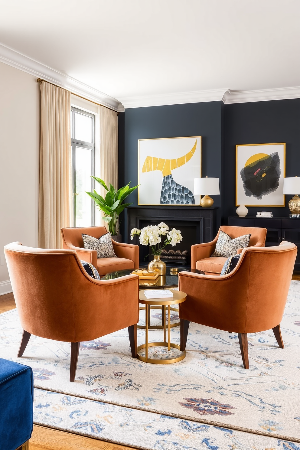 An eclectic living room filled with vibrant colors and unique decor pieces. A vintage armchair in a bold pattern sits next to a modern coffee table adorned with art books and a sculptural centerpiece. The walls are decorated with an array of framed artwork and photographs, creating a gallery-like feel. A plush area rug anchors the space, while a mix of floor and table lamps provide warm ambient lighting throughout the room.