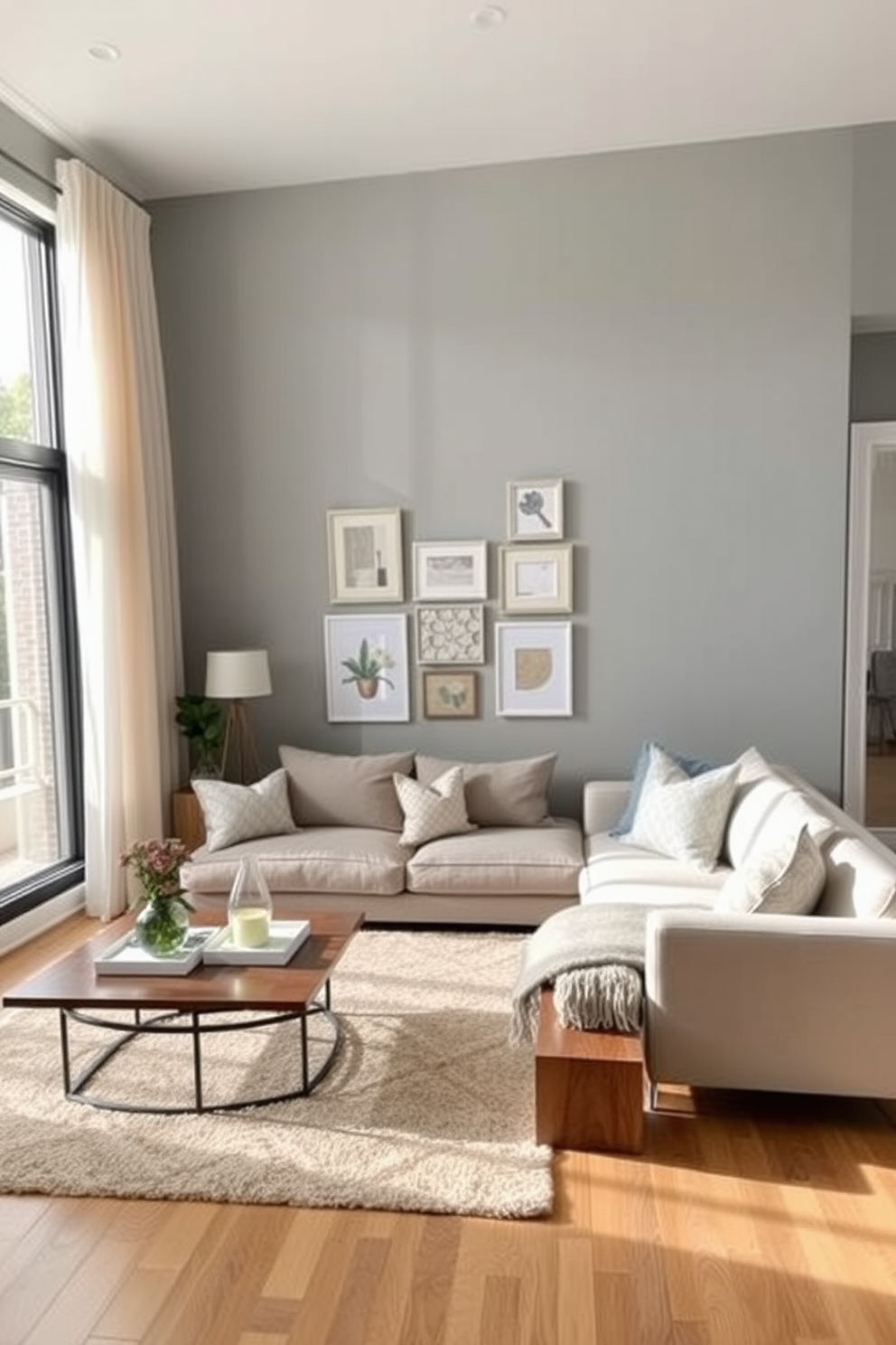 A cozy townhouse living room featuring a cohesive color scheme of soft grays and warm beige tones. The space includes a plush sectional sofa adorned with decorative pillows, a stylish coffee table, and a large area rug that ties the colors together. Natural light floods the room through large windows dressed with sheer curtains. A gallery wall of framed art pieces in complementary colors adds personality and charm to the inviting atmosphere.