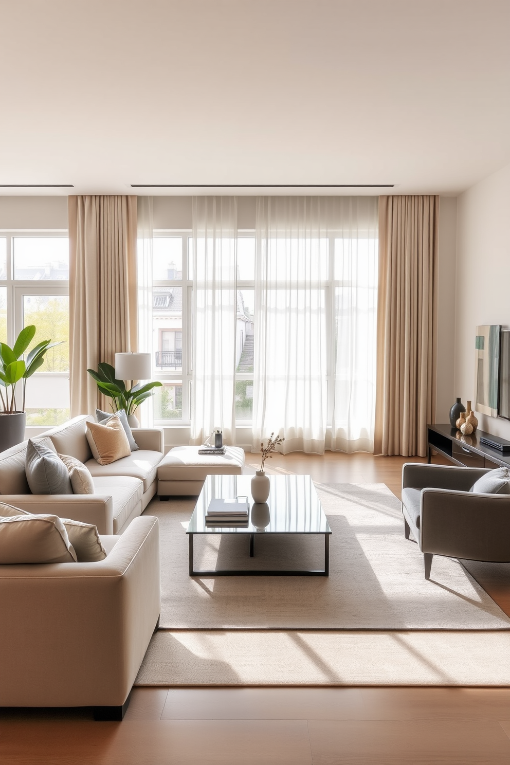 A neutral color palette creates a serene and sophisticated atmosphere in a townhouse living room. Plush beige sofas are arranged around a sleek glass coffee table, complemented by soft gray accent chairs and a large area rug in subtle tones. Large windows allow natural light to flood the space, highlighting the elegant drapes in a light cream fabric. A minimalist entertainment unit sits against the wall, adorned with carefully curated decor and a few green plants for a touch of freshness.