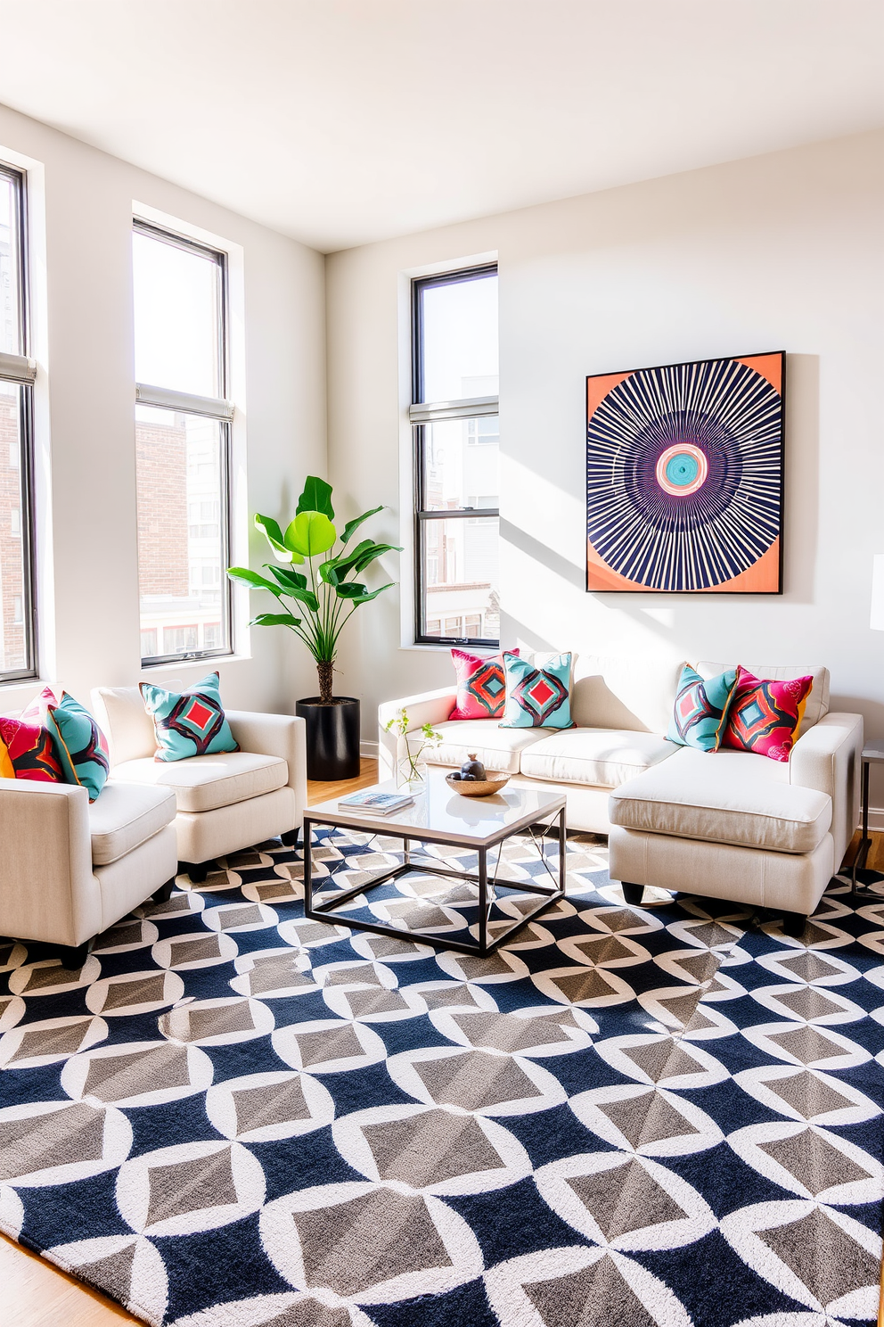 A stylish townhouse living room features unique light fixtures that serve as focal points. The space is adorned with a modern chandelier made of glass and metal, casting a warm glow over the inviting seating area. Incorporate a mix of pendant lights with artistic designs to enhance the room's character. The walls are painted in a soft gray, complementing the rich textures of the plush furniture and vibrant throw pillows.