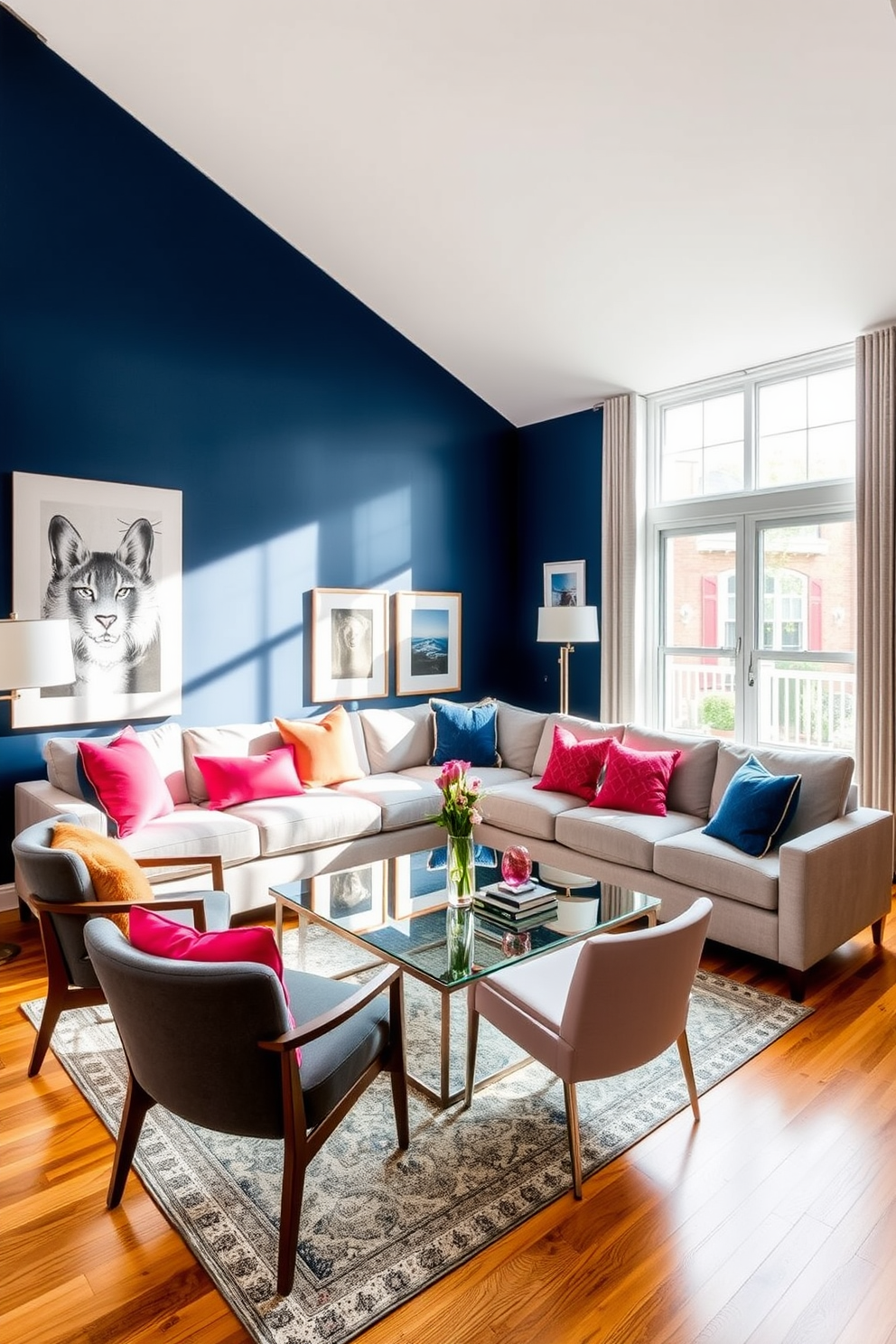 A stylish townhouse living room featuring a statement art piece prominently displayed above a contemporary sofa. The color palette consists of warm neutrals with pops of vibrant colors, creating an inviting and dynamic atmosphere.