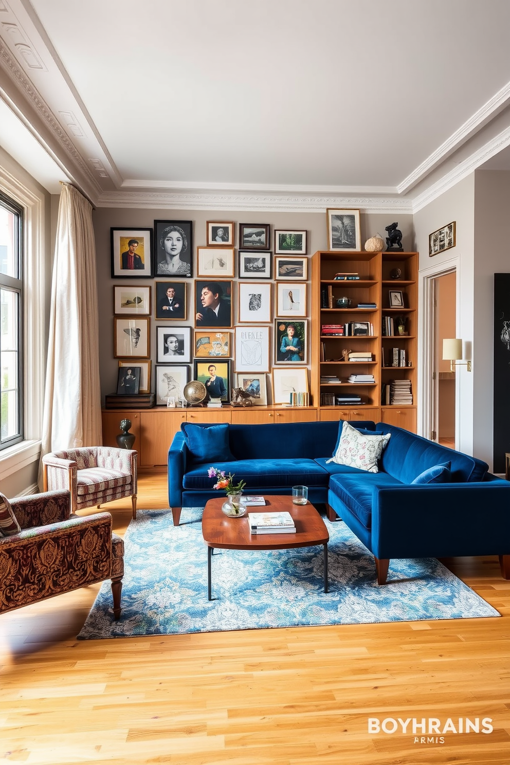 A stylish townhouse living room featuring a blend of vintage and modern furniture. A plush velvet sofa in deep blue is paired with a mid-century wooden coffee table, creating a focal point in the space. On one side, a vintage armchair with intricate upholstery complements a sleek modern bookshelf filled with curated decor. The walls are adorned with a gallery of eclectic art pieces, while a large window allows natural light to flood the room, enhancing the warm tones of the hardwood floor.