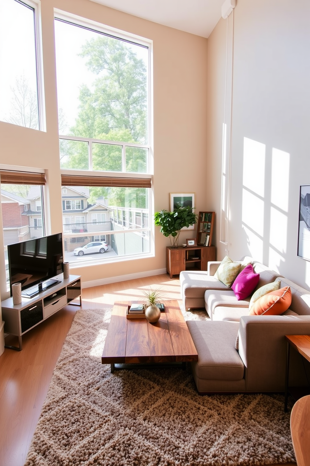 A spacious townhouse living room filled with natural light streaming through large windows. The room features a cozy sectional sofa adorned with colorful throw pillows, complemented by a stylish coffee table made of reclaimed wood. On one side, a sleek entertainment unit holds a modern television and decorative items. The walls are painted in a soft beige, and a plush area rug anchors the seating area, adding warmth to the space.