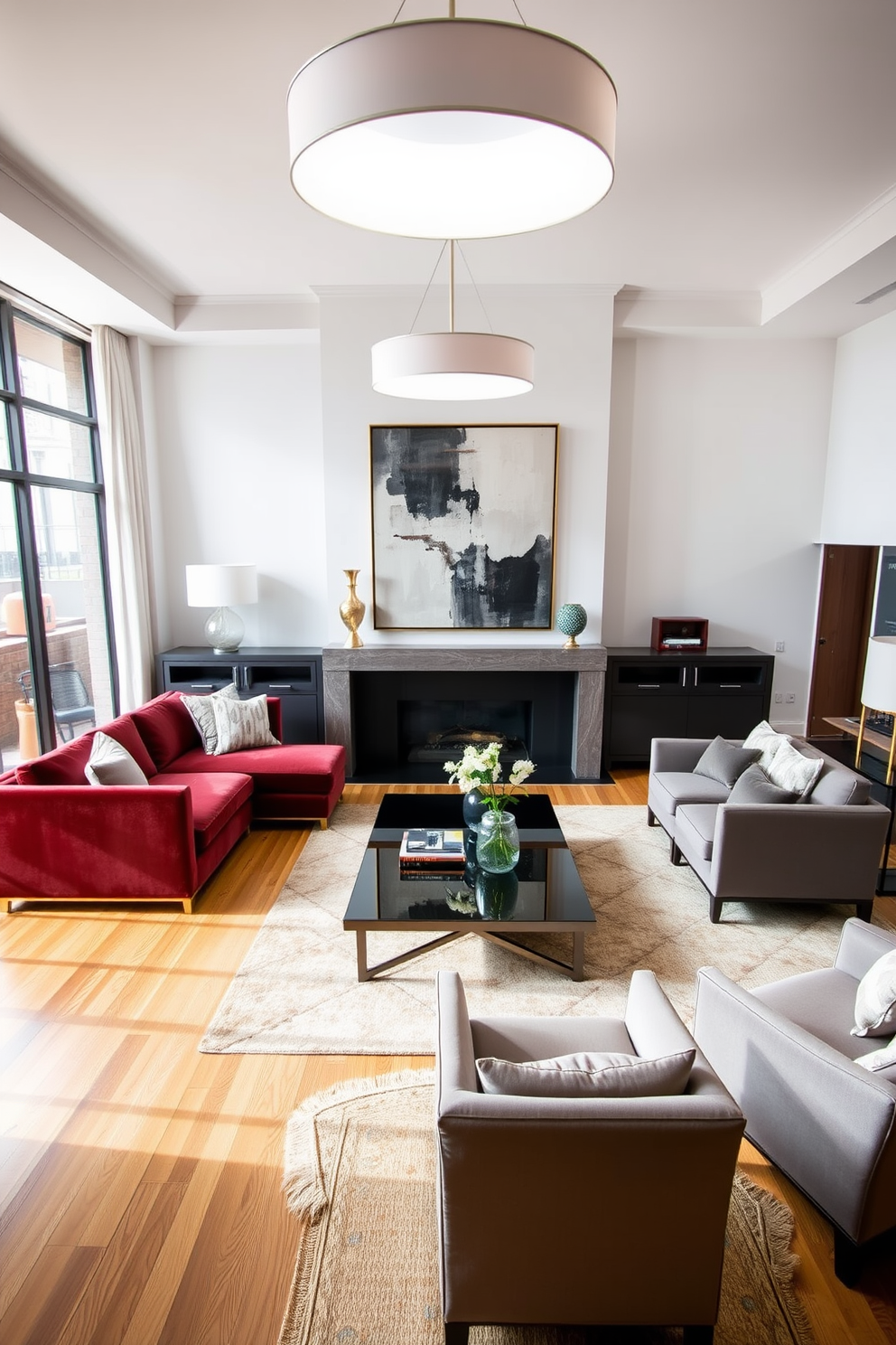 A stunning townhouse living room features statement lighting fixtures that serve as the focal point of the space. The room is adorned with a plush sectional sofa in a rich velvet fabric, complemented by a large abstract art piece hanging above the fireplace. Large windows allow natural light to flood the room, enhancing the warm tones of the hardwood flooring. A sleek coffee table sits at the center, surrounded by stylish accent chairs that invite conversation and relaxation.