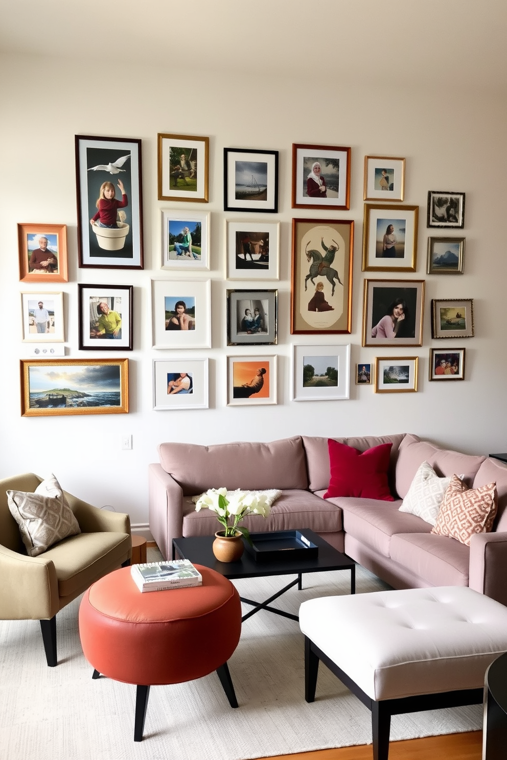 A gallery wall showcases a curated collection of personal artwork, featuring a mix of framed paintings and photographs in various sizes. The wall is painted in a soft white to enhance the vibrancy of the art, creating a focal point in the room. The townhouse living room is designed with a cozy yet modern aesthetic, featuring a plush sectional sofa in neutral tones. A stylish coffee table sits in the center, surrounded by accent chairs that add a pop of color and personality to the space.