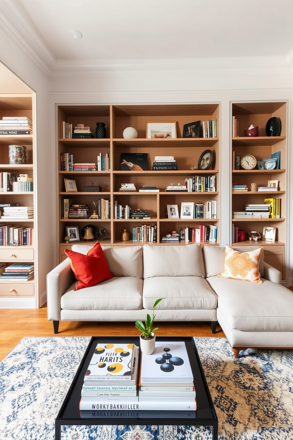 A stylish townhouse living room featuring a mix of vintage and modern furniture. A plush velvet sofa in deep blue is paired with a mid-century wooden coffee table and an antique armchair with intricate carvings. The walls are adorned with eclectic artwork, blending contemporary pieces with classic frames. A large area rug in neutral tones anchors the space, while a modern floor lamp adds a touch of sophistication.