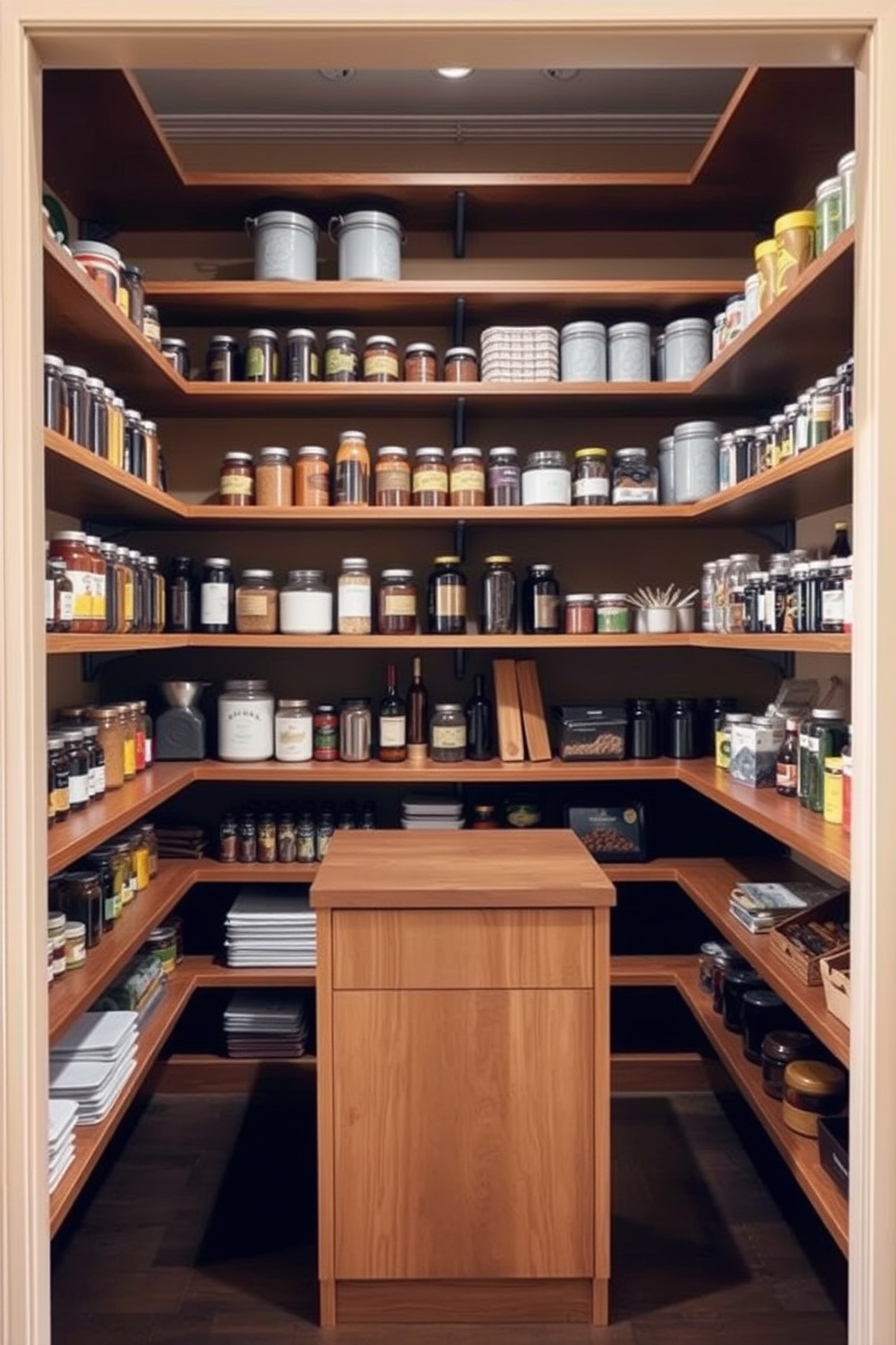 A modern townhouse pantry with open shelving for easy access to everyday items. The shelves are lined with neatly organized jars, spices, and cookbooks, creating a visually appealing and functional space.