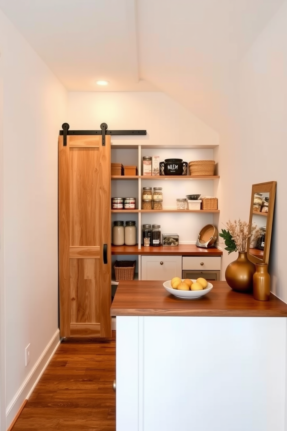 A cozy under-stair pantry with open shelving and a sliding barn door for easy access. The shelves are filled with neatly organized jars and baskets, while soft lighting highlights the space and adds warmth. The walls are painted in a light neutral color to create an airy feel, and the floor features a durable wood finish. A small countertop area is included for meal prep, with a few decorative items to enhance the design.