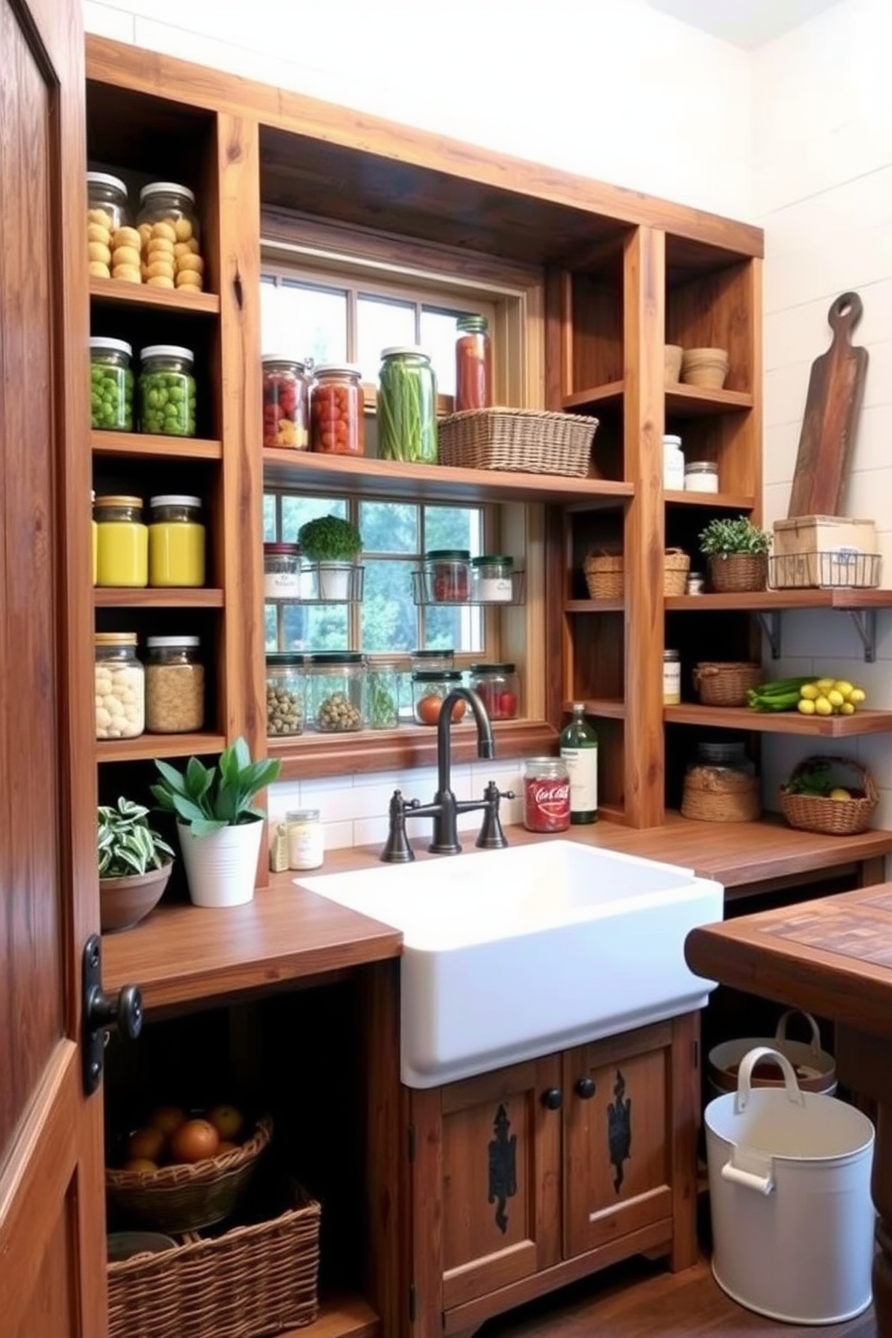 A charming farmhouse-style pantry with rustic wood accents. The shelves are made of reclaimed wood, displaying neatly organized jars and baskets filled with fresh produce and pantry staples. The walls are painted in a soft white, creating a bright and airy atmosphere. A farmhouse sink sits beneath a window, with vintage-style fixtures adding to the overall charm of the space.