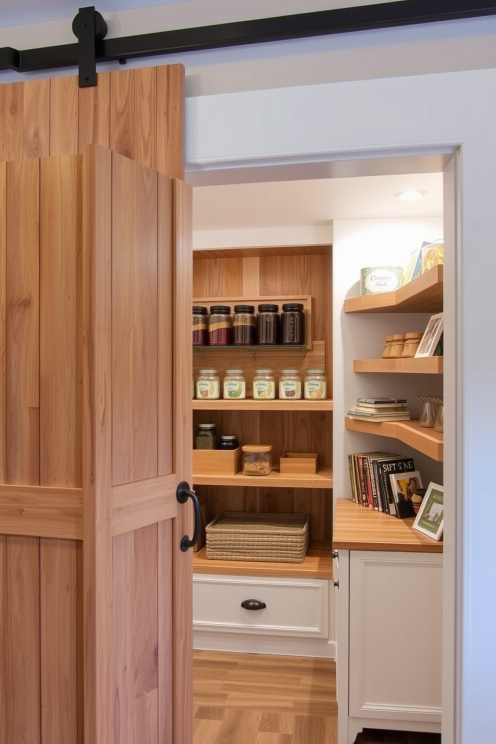 Corner shelves for maximizing space create a functional and stylish storage solution. The shelves are crafted from reclaimed wood and are accented with metal brackets, offering a rustic yet modern aesthetic. Townhouse pantry design ideas focus on efficient organization and smart use of limited space. Incorporating pull-out drawers and clear containers enhances accessibility while maintaining a clean and cohesive look.