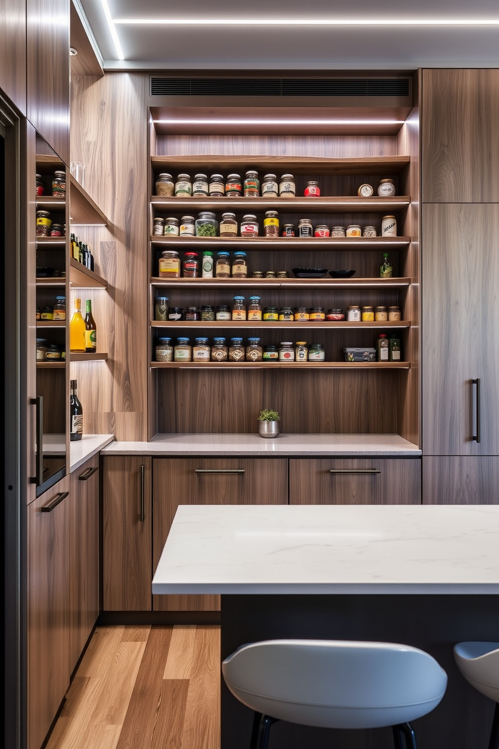 A sleek townhouse pantry featuring open shelving made of reclaimed wood showcasing neatly organized jars and spices. LED strip lighting illuminates the space, highlighting the natural textures and creating a modern ambiance. A minimalist design with a central island topped with polished quartz, surrounded by high stools for casual dining. The walls are adorned with soft gray cabinetry, seamlessly integrated with energy-efficient LED lighting for a contemporary feel.