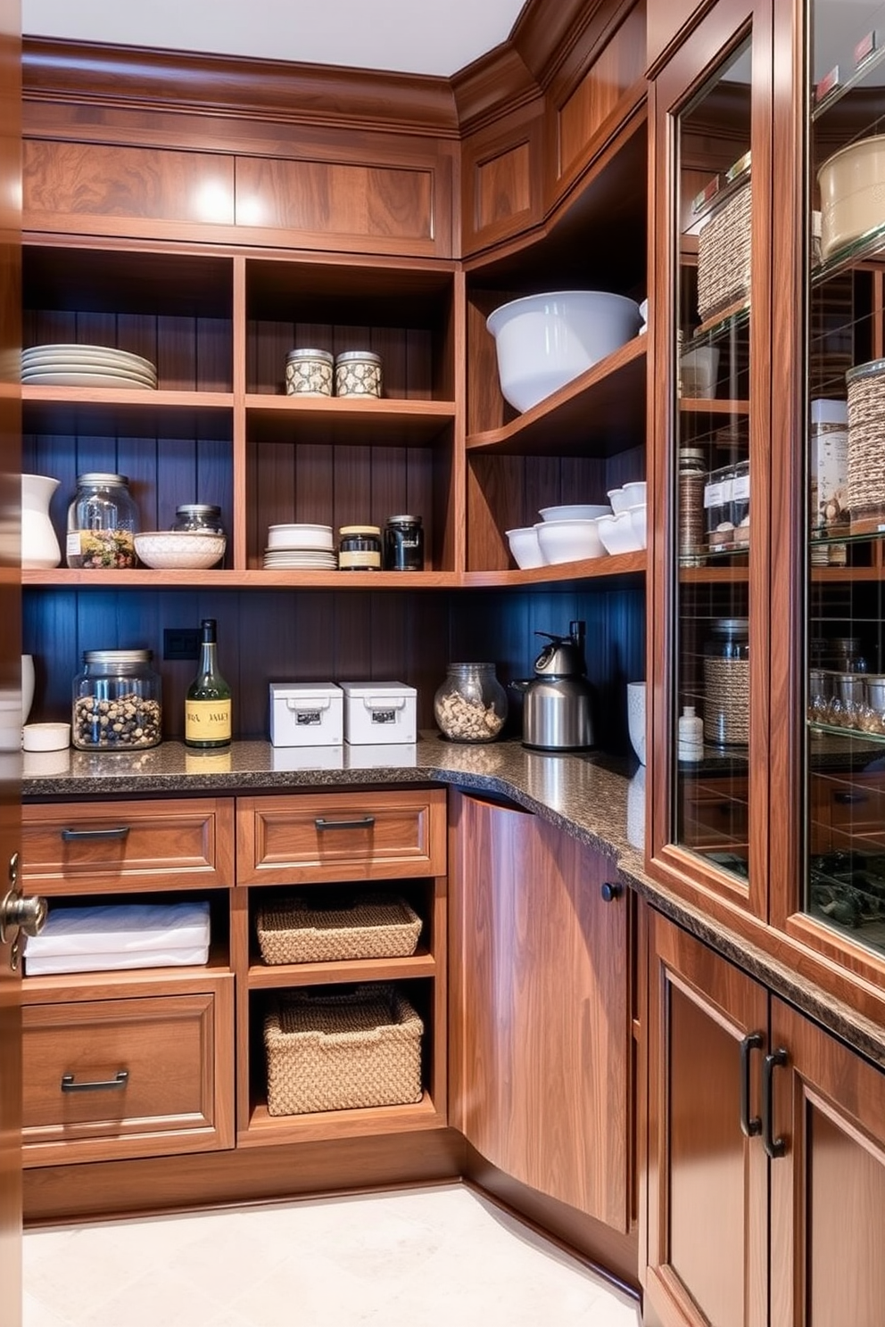 A stylish townhouse pantry features decorative labels on clear glass jars for easy identification of ingredients. The shelves are made of reclaimed wood, creating a warm and inviting atmosphere while maximizing storage space.