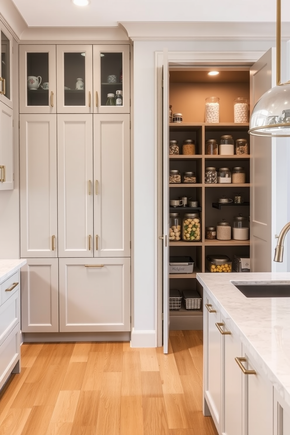 A stylish multi-functional kitchen island that includes ample pantry space. The island features a sleek design with built-in storage cabinets and a countertop that doubles as a dining area. The pantry is designed with open shelving for easy access to ingredients and decorative storage jars. Soft lighting highlights the organized space, creating an inviting atmosphere in the townhouse kitchen.