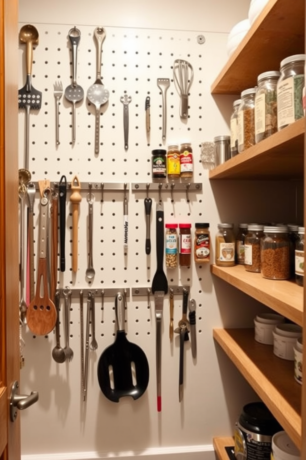 A stylish townhouse pantry featuring a wall-mounted pegboard for tools. The pegboard is organized with various hooks and shelves, displaying an array of kitchen utensils and spices for easy access.